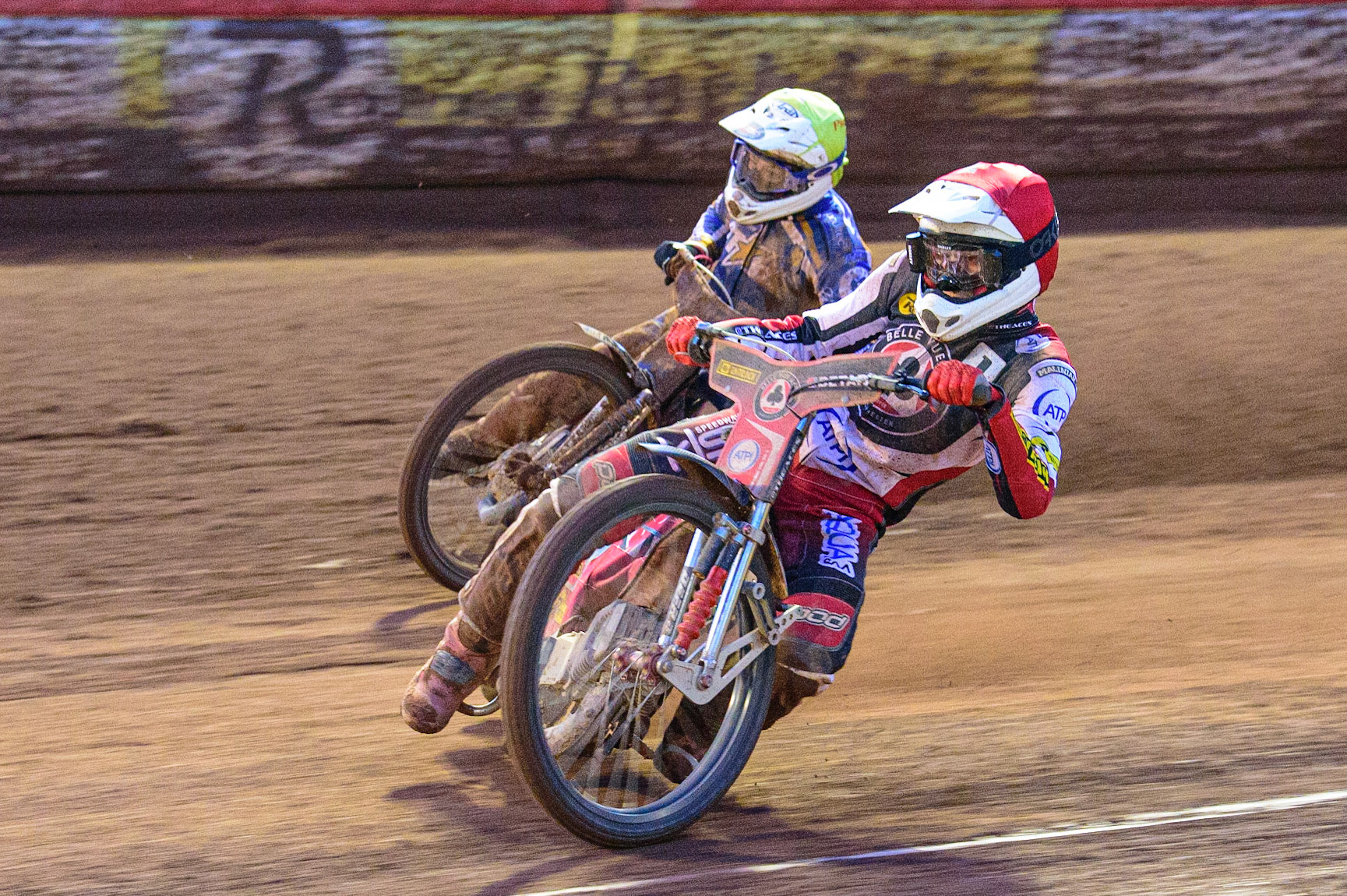 MANCHESTER, UK. MAY 16TH Max Fricke  (Red) inside Josh Pickering  (Yellow) during the SGB Premiership match between Belle Vue Aces and King's Lynn Stars at the National Speedway Stadium, Manchester on Monday 16th May 2022. (Credit: Ian Charles | MI News)