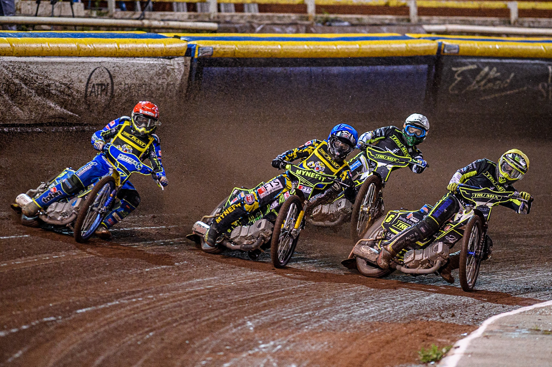 Chris Harris (Red) outside Jye Etheridge (Blue) and Danyon Hume (Yellow) with Jason Doyle (White) behind during the Sports Insure Premiership Grand Final Second Leg match between Sheffield Tigers and Ipswich Witches at Owlerton Stadium, Sheffield on Thursday 5th October 2023. (Photo: Ian Charles | MI News)