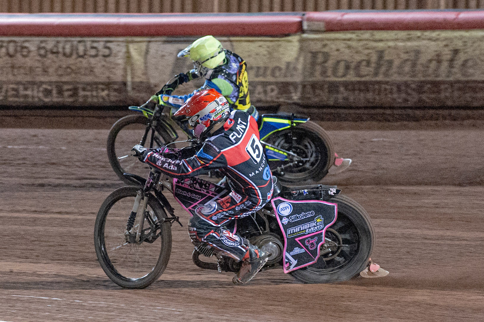 Photo: Ian Charles

Leon Flint  (Red) chases Danyon Hume  (White)

Belle Vue Colts v Leicester Lion Cubs, SGB National League KO Cup Final (2nd Leg), Belle Vue National Speedway Stadium, Manchester, Tuesday 29  October  2019