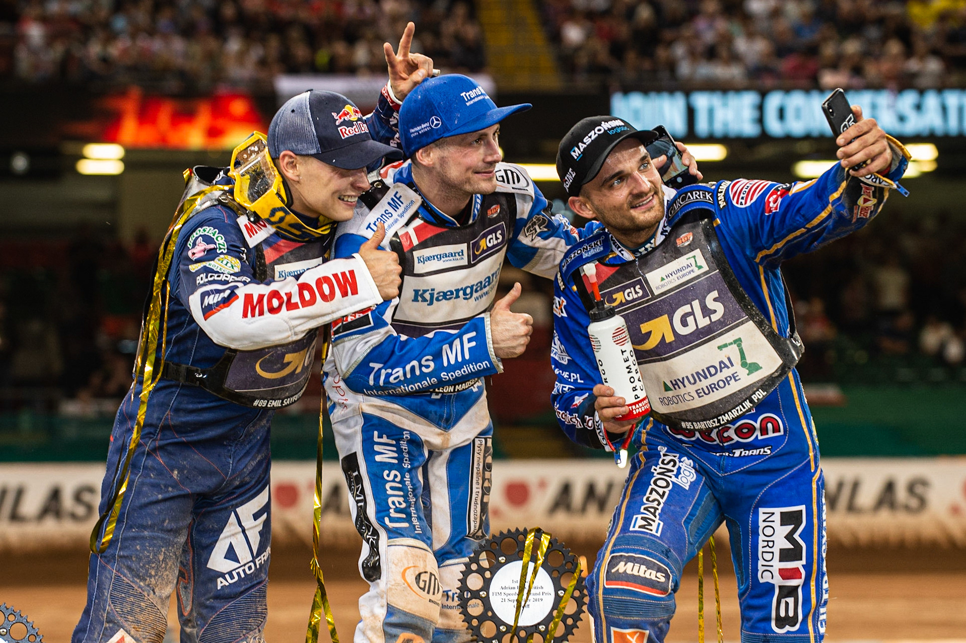 CARDIFF,WALES The Top 3 Selfie (l-r) Emil Saijfutdinov, Leon Madsen and Bartoz Zmarzlik  during the ADRIAN FLUX BRITISH FIM SPEEDWAY GRAND PRIX at the Principality Stadium, Cardiff on Saturday 21st September 2019. (Credit: Ian Charles | MI News)