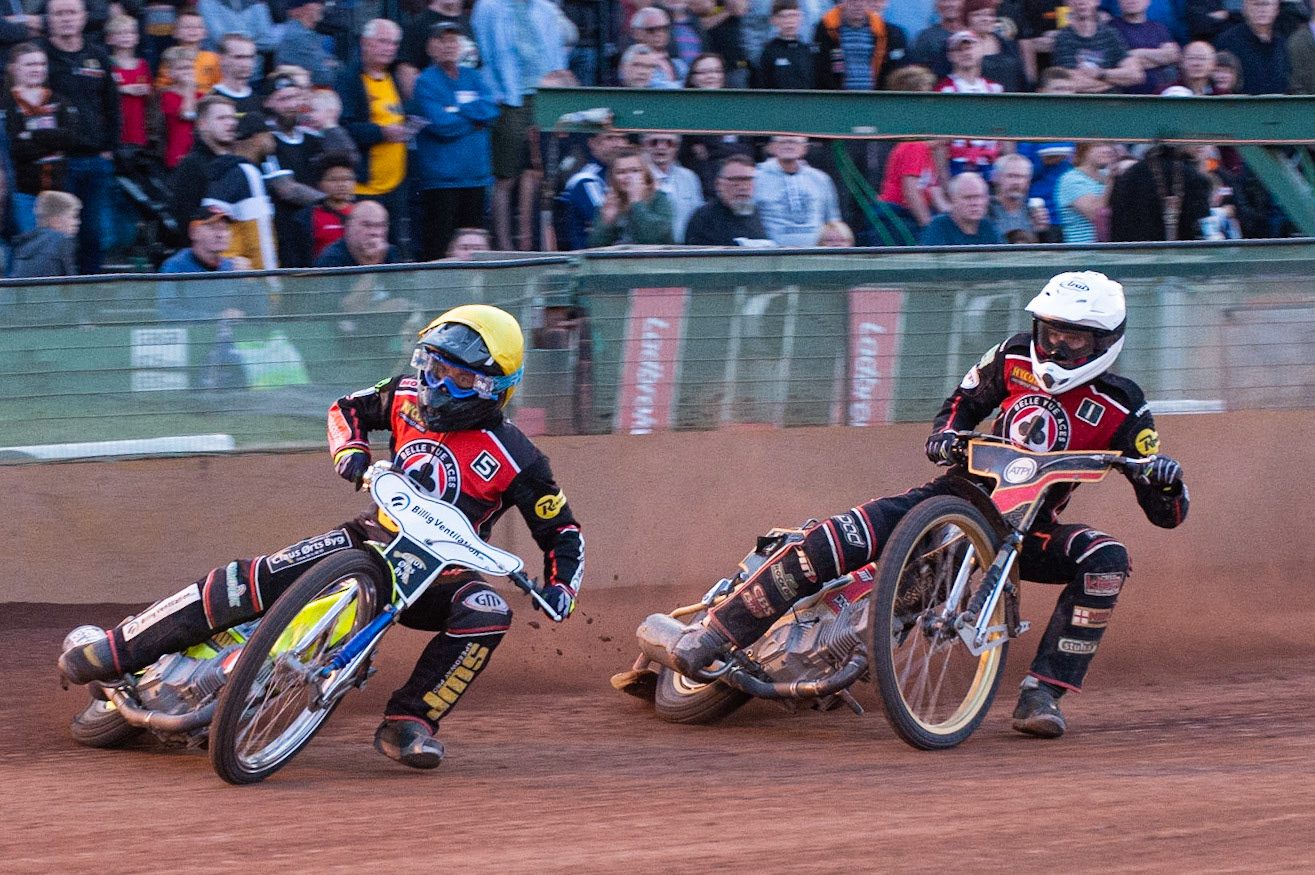 Photo by Ian Charles:

Kenneth Bjerre  (Yellow) leads Max Fricke  (White)

Wolverhampton Wolves v Belle Vue Aces, British Speedway Premiership 5 August 2019