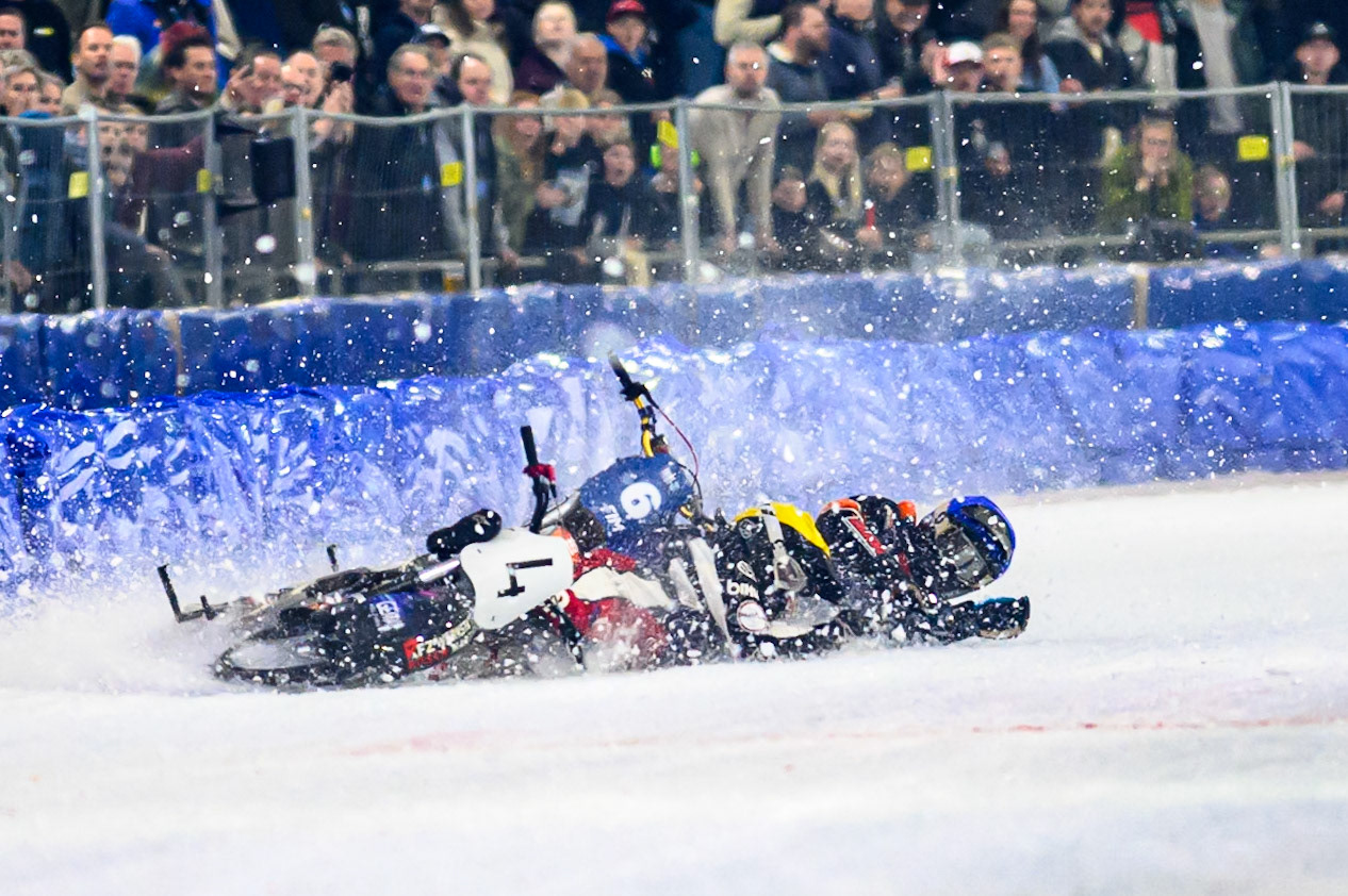 Martin Posch (4) of Austria  falls in the path of Sebastian Reitsma (6) of The Netherlands  who was unable to avoid crashing into him and his bike during the FIM Ice Speedway Of Nations at Ice Rink Thialf, Heerenveen on Sunday 12th April 2026. (Photo: Ian Charles | MI News)