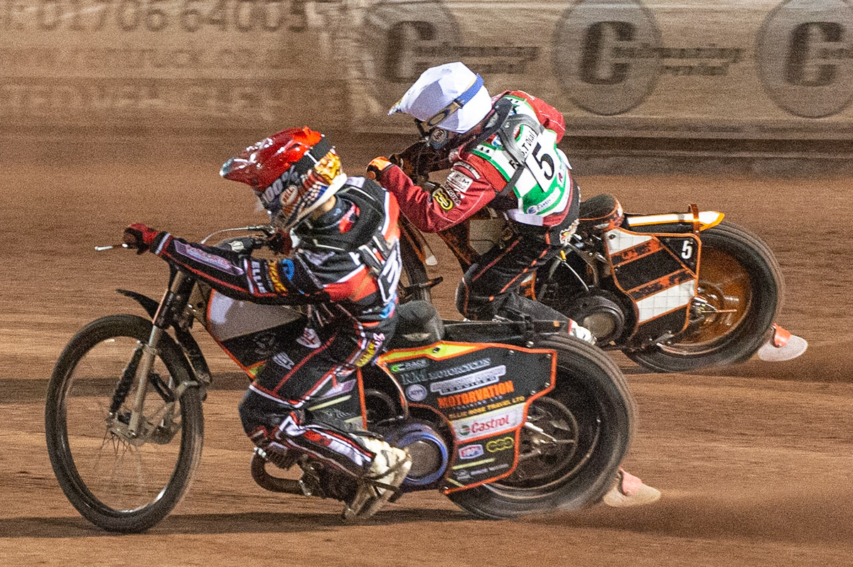 Photo: Ian Charles

Jordan Palin  (Red) passes Jack Smith  (White)

Belle Vue Colts v Cradley Heathens, SGB National League, Belle Vue National Speedway Stadium, Manchester, Thursday 29  August  2019