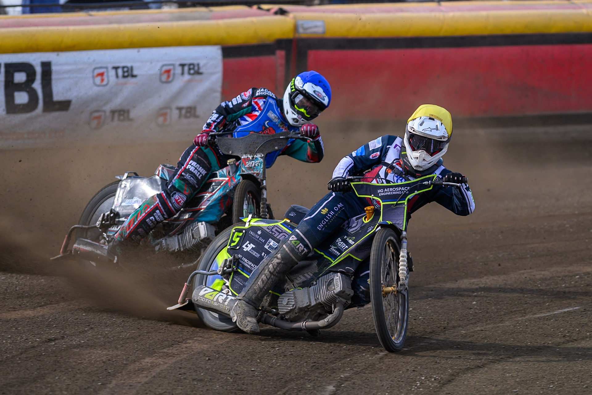 Nathan Ablitt of Middlesborough Tigers in Yellow leading Alfie Bowtell of Buxton Bulls in Blue during the WSRA National Development League match  between Buxton Bulls and Middlesborough Tigers at Hi-Edge Speedway, Buxton on Sunday 16th August 2026. (Photo: Ian Charles | MI News)