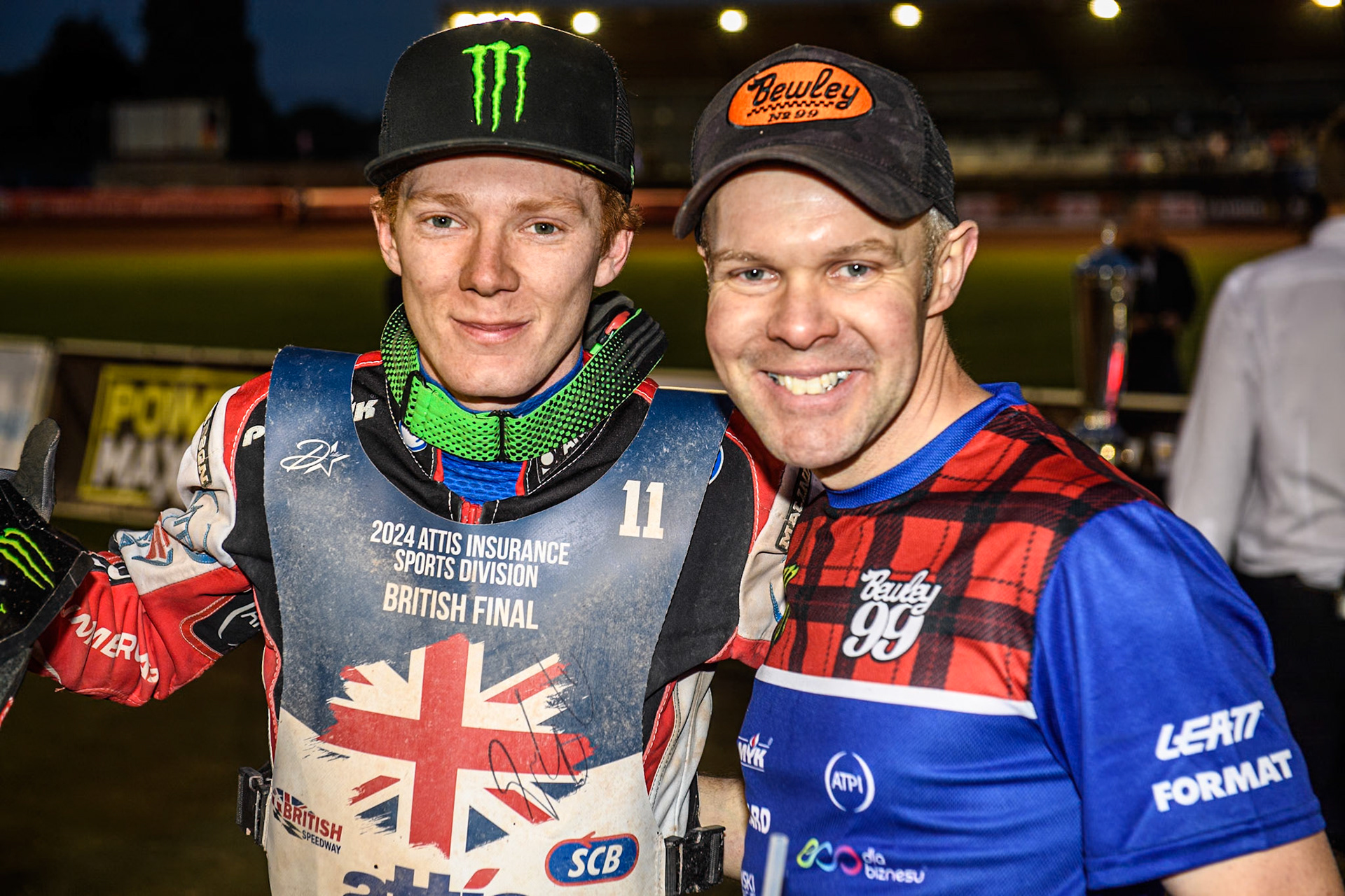 Dan Bewley (Left) with mechanic Andy Mellish during the Attis Insurance Sports Division British Speedway Championship Final at the National Speedway Stadium, Manchester on Saturday 8th June 2024. (Photo: Ian Charles | MI News)