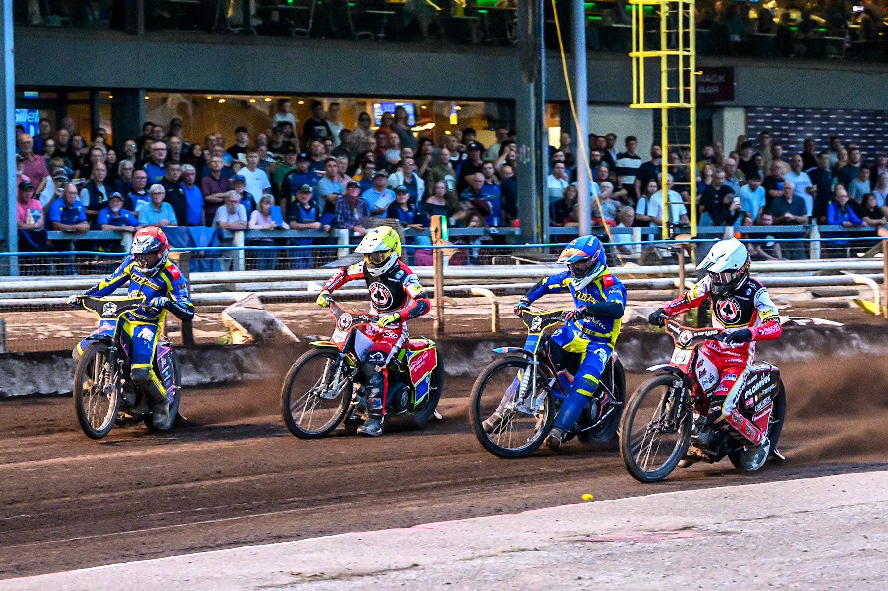 (L to R) Josh Pickering of Sheffield Tigers  in Red, Tate Zischke of Belle Vue Aces   in Yellow, Nick Morris of Sheffield Tigers  in Blue and Dan Bewley of Belle Vue Aces   in White during the Rowe Motor Oil Premiership match between Sheffield Tigers and Belle Vue Aces at Owlerton Stadium, Sheffield on Monday 11th August 2025. (Photo: Ian Charles | MI News)