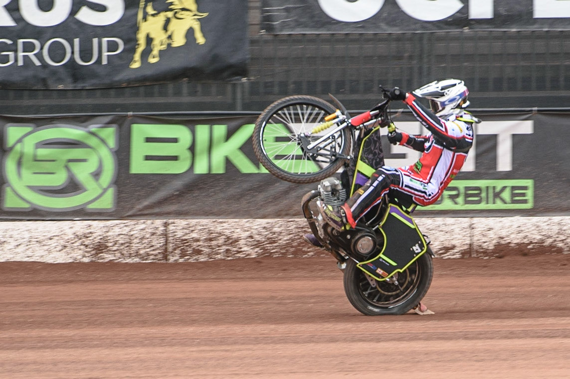 Photo: Ian CharlesTom Brennan pulls a wheelieBelle Vue Press &amp; Practice Day, National Speedway Stadium, Manchester Thursday  13  May  2021