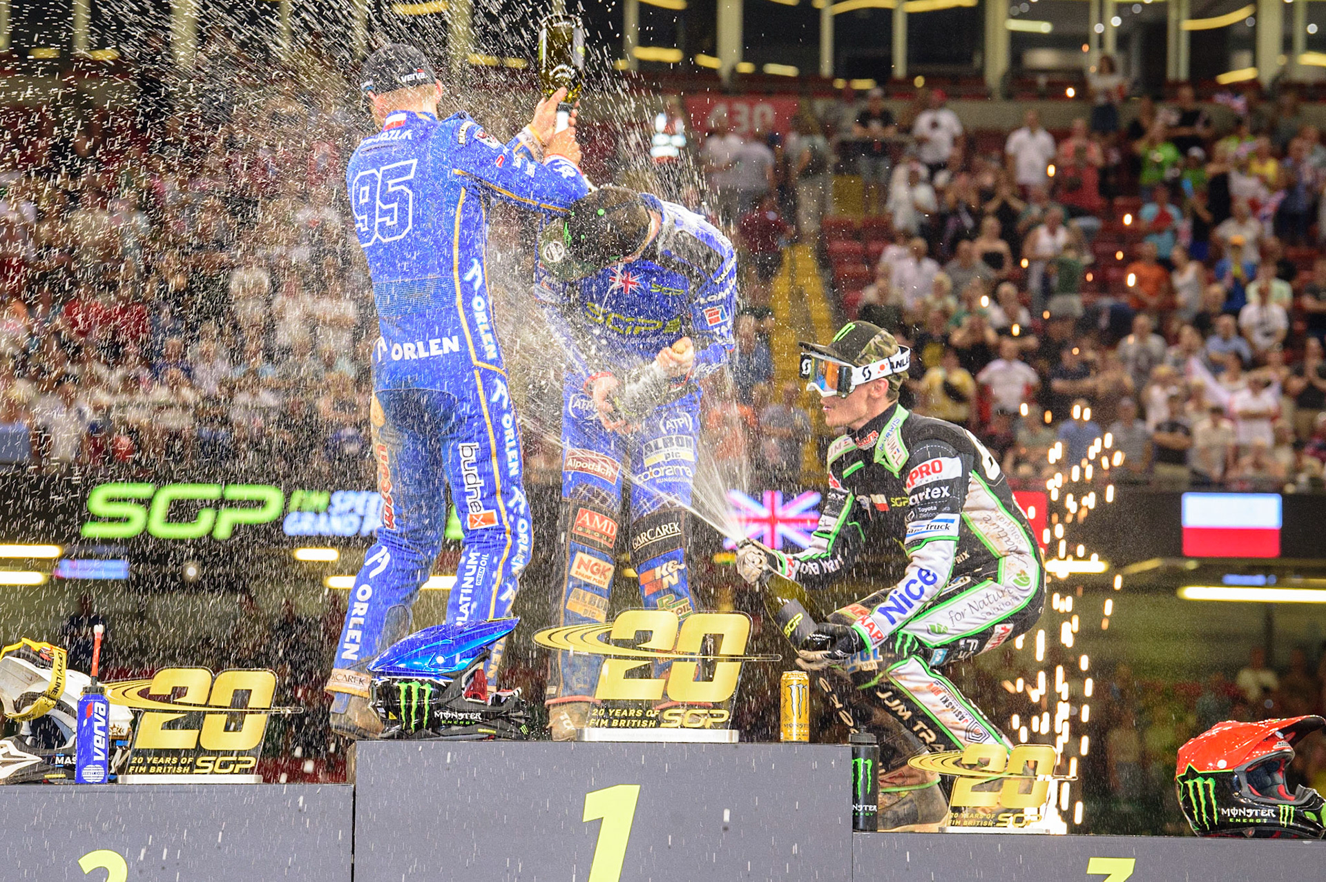 Champagne Capers on the Rostrum during the FIM  Speedway Grand Prix of Great Britain at the Principality Stadium, Cardiff on Saturday 13th August 2022. (Credit: Ian Charles | MI News