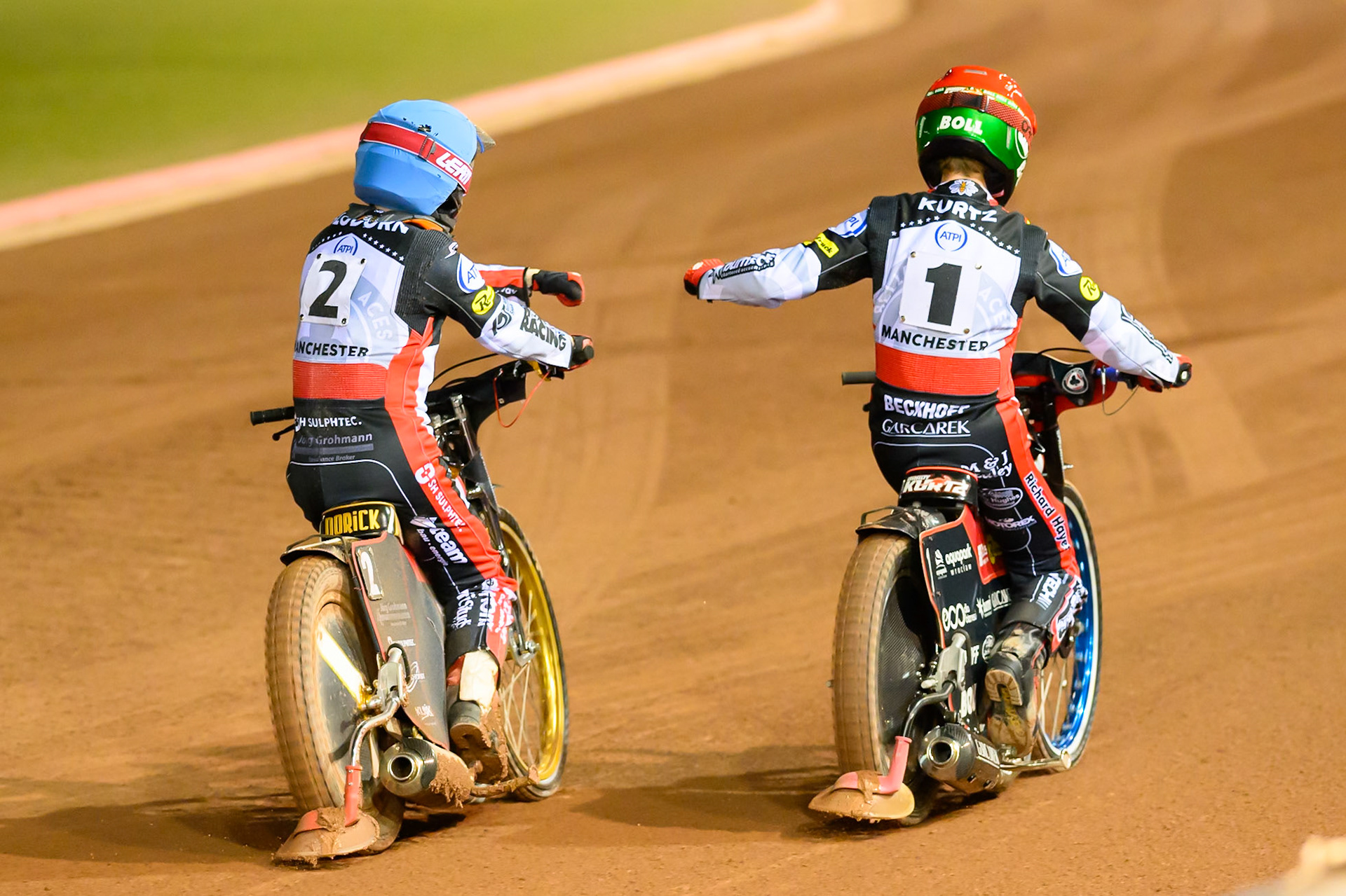 Norick Blödorn of Belle Vue Aces in Blue (Left)  and Brady Kurtz of Belle Vue Aces celebrate their maximum heat win during the Rowe Motor Oil Premiership Play Off Semi Final 2nd leg match between Belle Vue Aces and Ipswich Witches at the National Speedway Stadium, Manchester on Monday 28th September 2026. (Photo: Ian Charles | MI News)