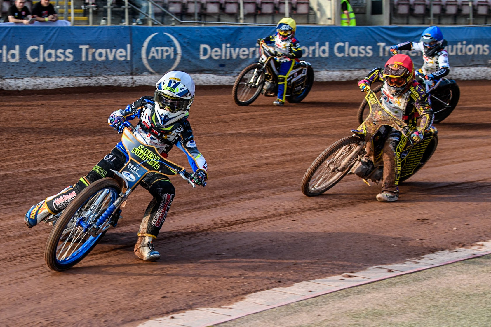 Oliver Bovingdon (125cc) in White leading Lewis Hague (125cc) in Red, Reuben Marsh (125cc) in Blue and Archie Whitelam (125cc) in Yellow  during the British Youth 250cc Championships at the National Speedway Stadium, Manchester on Friday 30th August 2024. (Photo: Ian Charles | MI News)