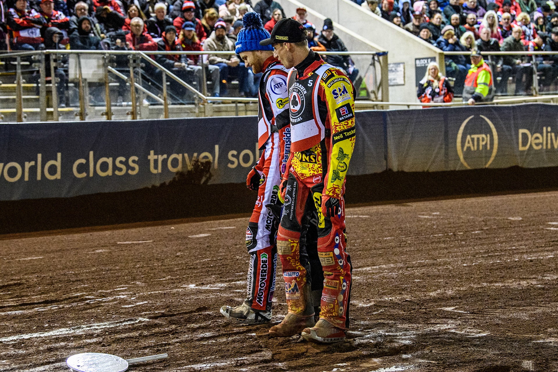 Australia's Brady Kurtz (Left) and Australia's Max Fricke check the starting gates before the final during the Peter Craven Memorial Trophy meeting at the National Speedway Stadium, Manchester on Monday 18th March 2024. (Photo: Ian Charles | MI News)