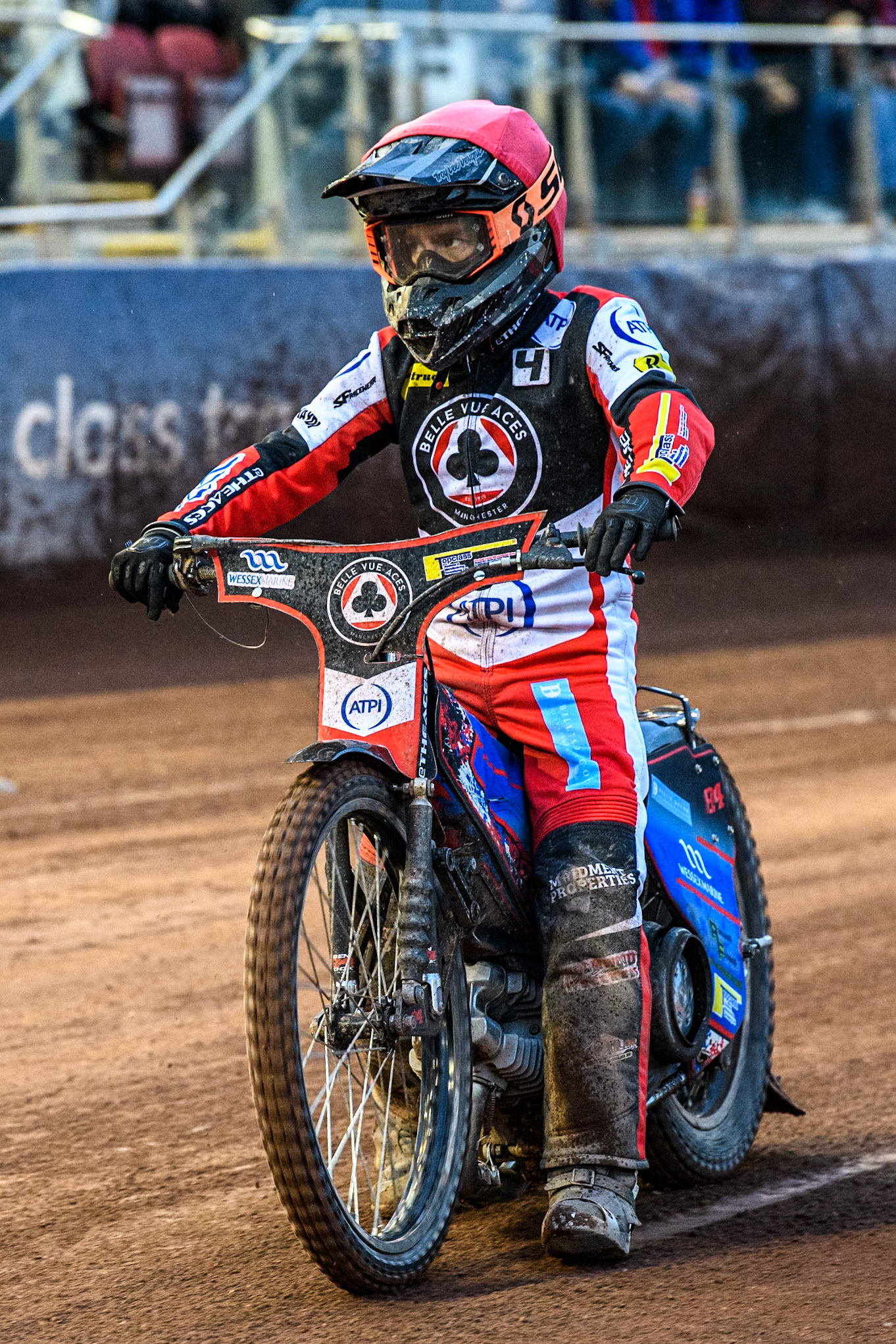 Belle Vue Aces' Ben Cook after his heat during the Rowe Motor Oil Premiership match between Belle Vue Aces and Oxford Spires at the National Speedway Stadium, Manchester on Monday 13th May 2024. (Photo: Ian Charles | MI News)
