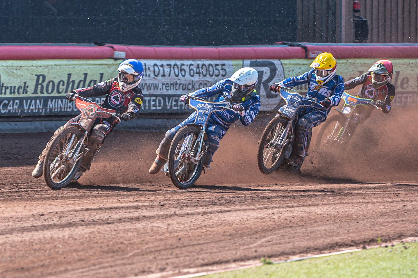 Photo: Ian Charles

Jaimon Lidsey  (Blue) leads Craig Cook  (White) Robert Lambert  (Yellow) and Dan Bewley  (Red)

Belle Vue Aces v Kings Lynn Stars, British Speedway Premiership, Belle Vue National Speedway Stadium, Manchester, Monday 26  August  2019