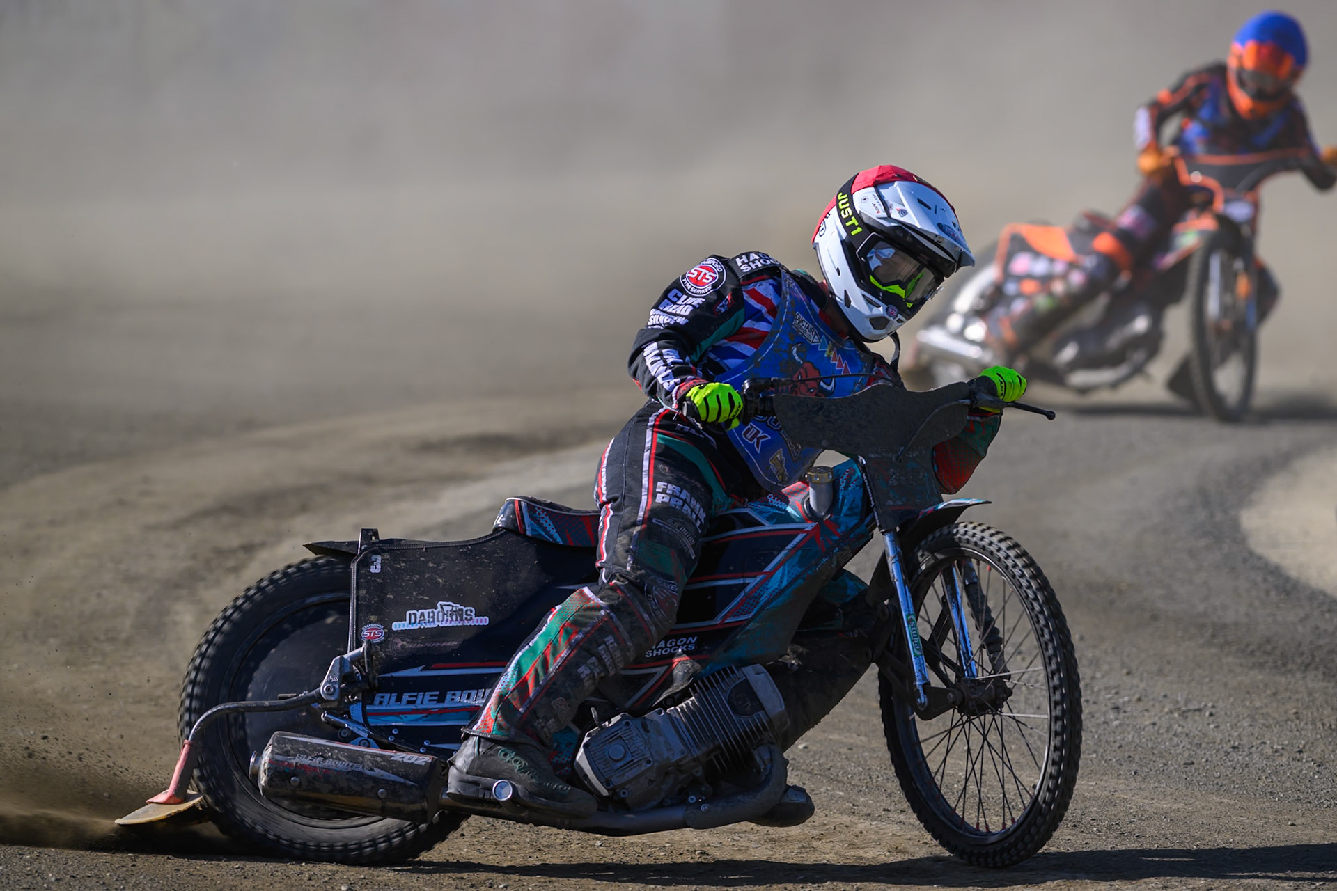 Alfie Bowtell of Buxton Bulls in Red leading Jack Smith of Buxton Bulls in Blue during the National Development League Challenge match between Buxton Bulls and Stoke Potters at Hi-Edge Speedway, Buxton on Sunday 24th May 2026. (Photo: Ian Charles | MI News)
