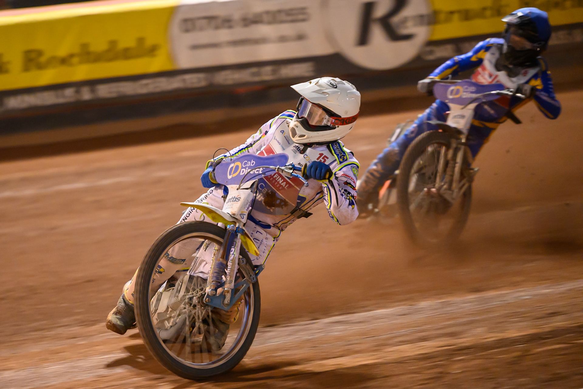 Chris Harris (15) in White leading Dan Thompson (8) in Blue during the Cab Direct British Speedway Championship Final at the National Speedway Stadium, Manchester on Saturday 15th August 2026. (Photo: Ian Charles | MI News)