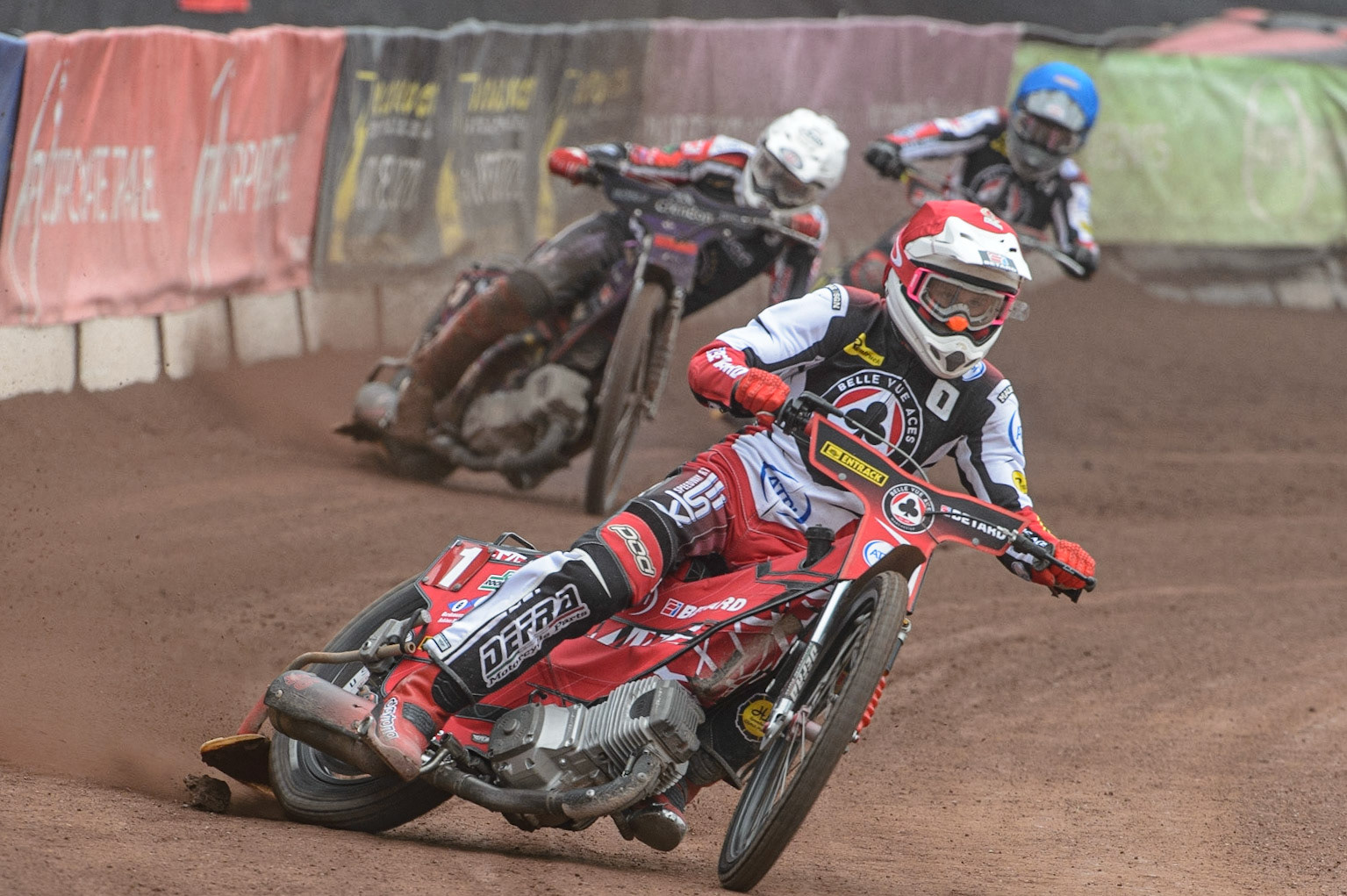 MANCHESTER, UK. MAY 2ND  Max Fricke  (Red)leads Ulrich Ostergaard  (White) and Jye Etheridge   (Blue) during the SGB Premiership match between Belle Vue Aces and Peterborough at the National Speedway Stadium, Manchester on Monday 2nd May 2022. (Credit: Ian Charles | MI News)