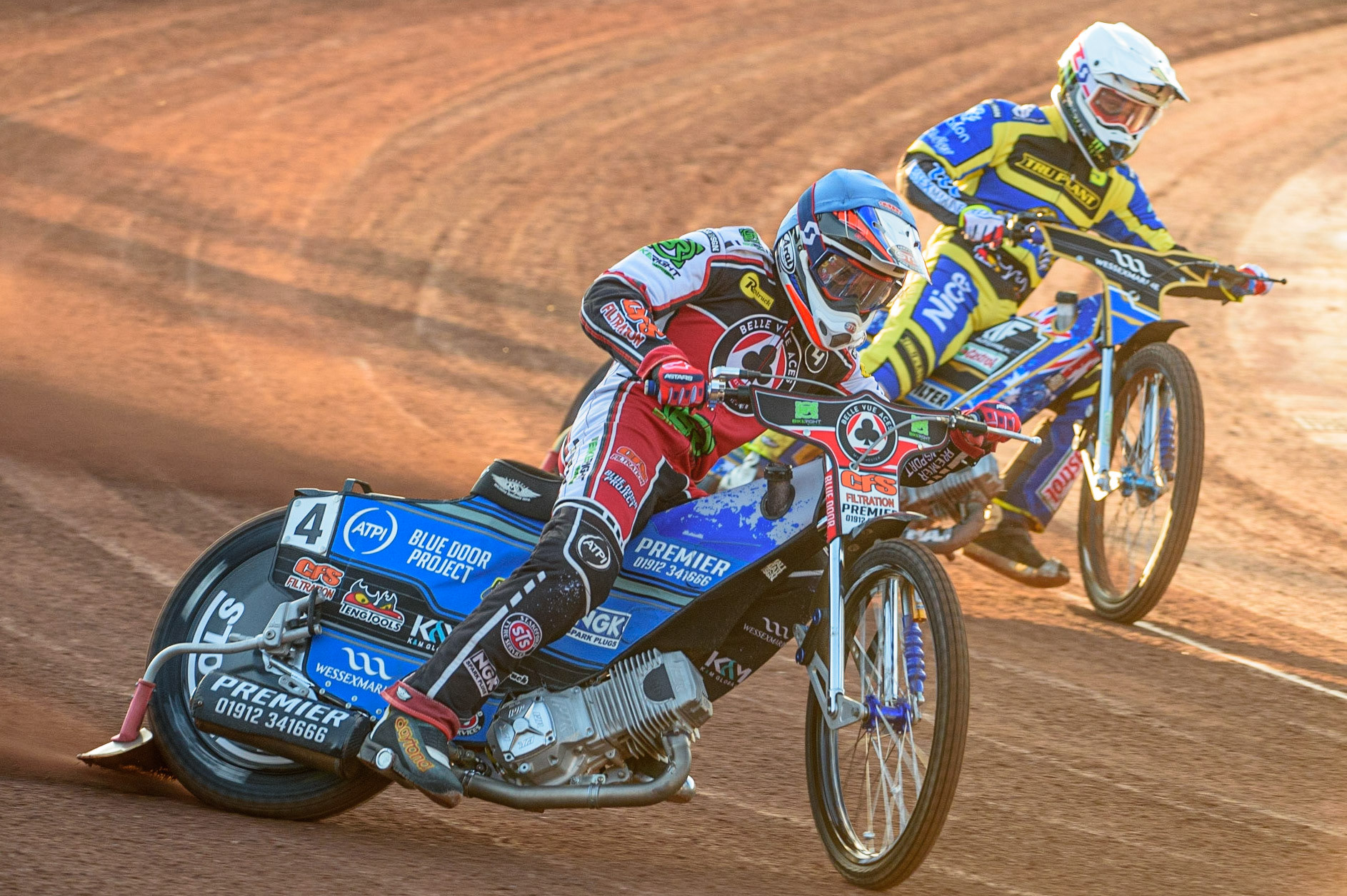 Photo: Ian CharlesSteve Worrall  (Blue) leads Jack Holder (White)Belle Vue Aces v Sheffield Tigers, British Speedway Premier League, National Speedway Stadium, Manchester Monday  17  May  2021