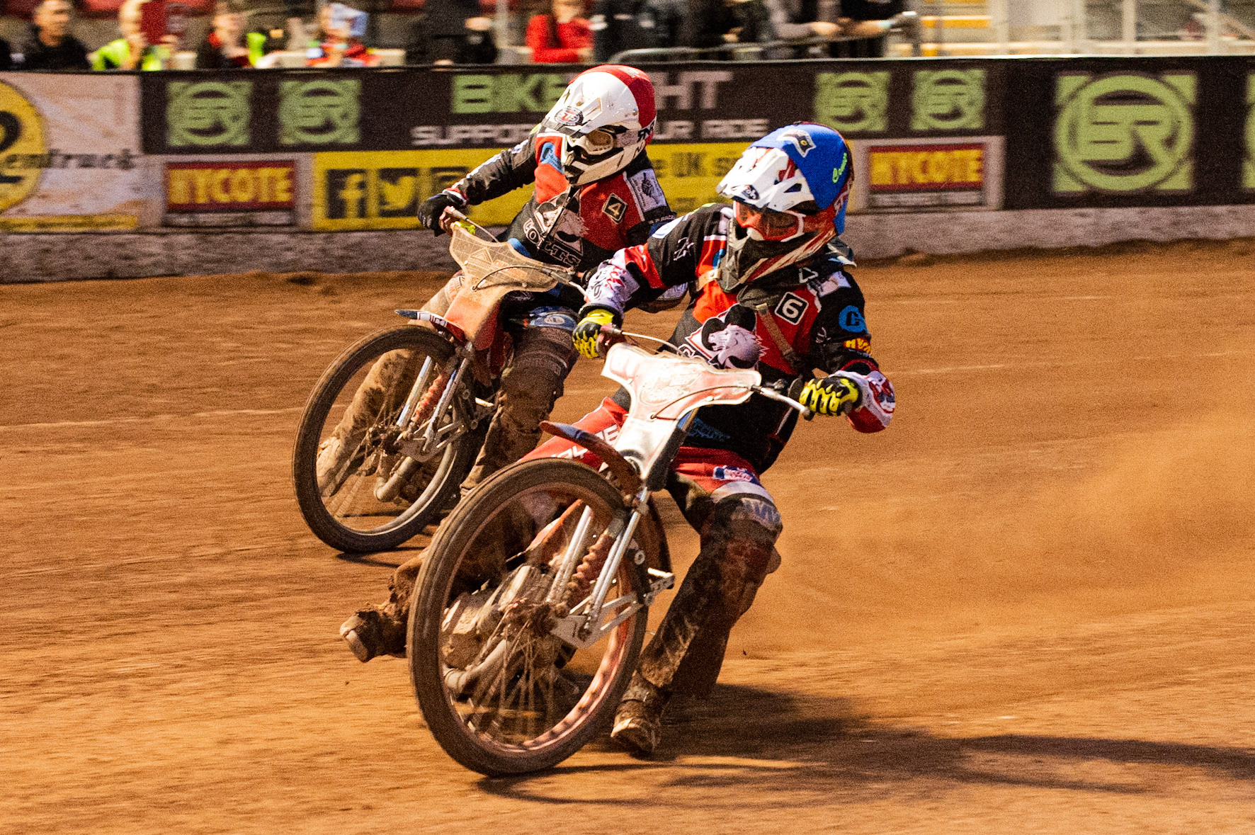 Photo: Ian Charles

Danny Phillips  (Red) leads Connor Bailey  (Blue)

Belle Vue Colts v Leicester Cubs, SGB National League, Belle Vue National Speedway Stadium, Manchester, Thursday 8  August  2019