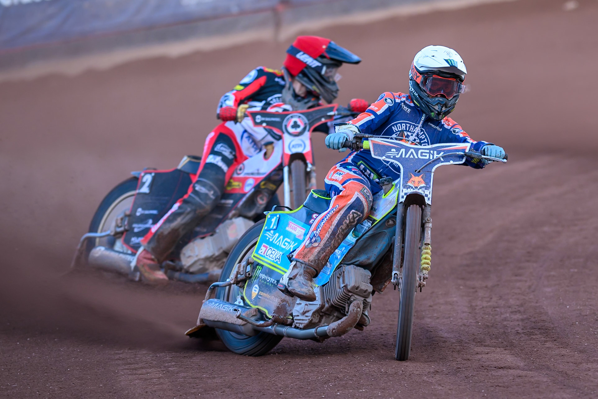 Jaimon Lidsey of Northampton Foxes  in White leading Norick Blodorn of Belle Vue Aces in Red during the Rowe Motor Oil Premiership match between Belle Vue Aces and Northampton Foxes at the National Speedway Stadium, Manchester on Monday 13th July 2026. (Photo: Ian Charles | MI News)