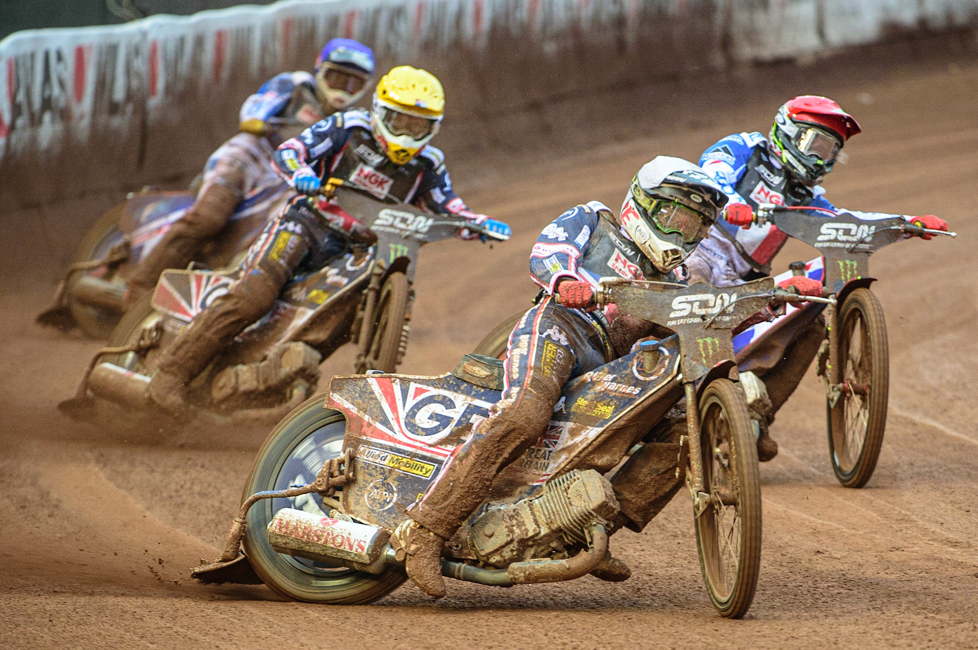 MANCHESTER, UK. OCT 17TH Dan Bewley of Great Britain (White) leads David Bellego of France (Red) Robert Lambert of Great Britain (Yellow) and Dmitri Berge of France (Blue) during the Monster Energy FIM Speedway of Nations at the National Speedway Stadium, Manchester on Sunday  17th October 2021. (Credit: Ian Charles | MI News)