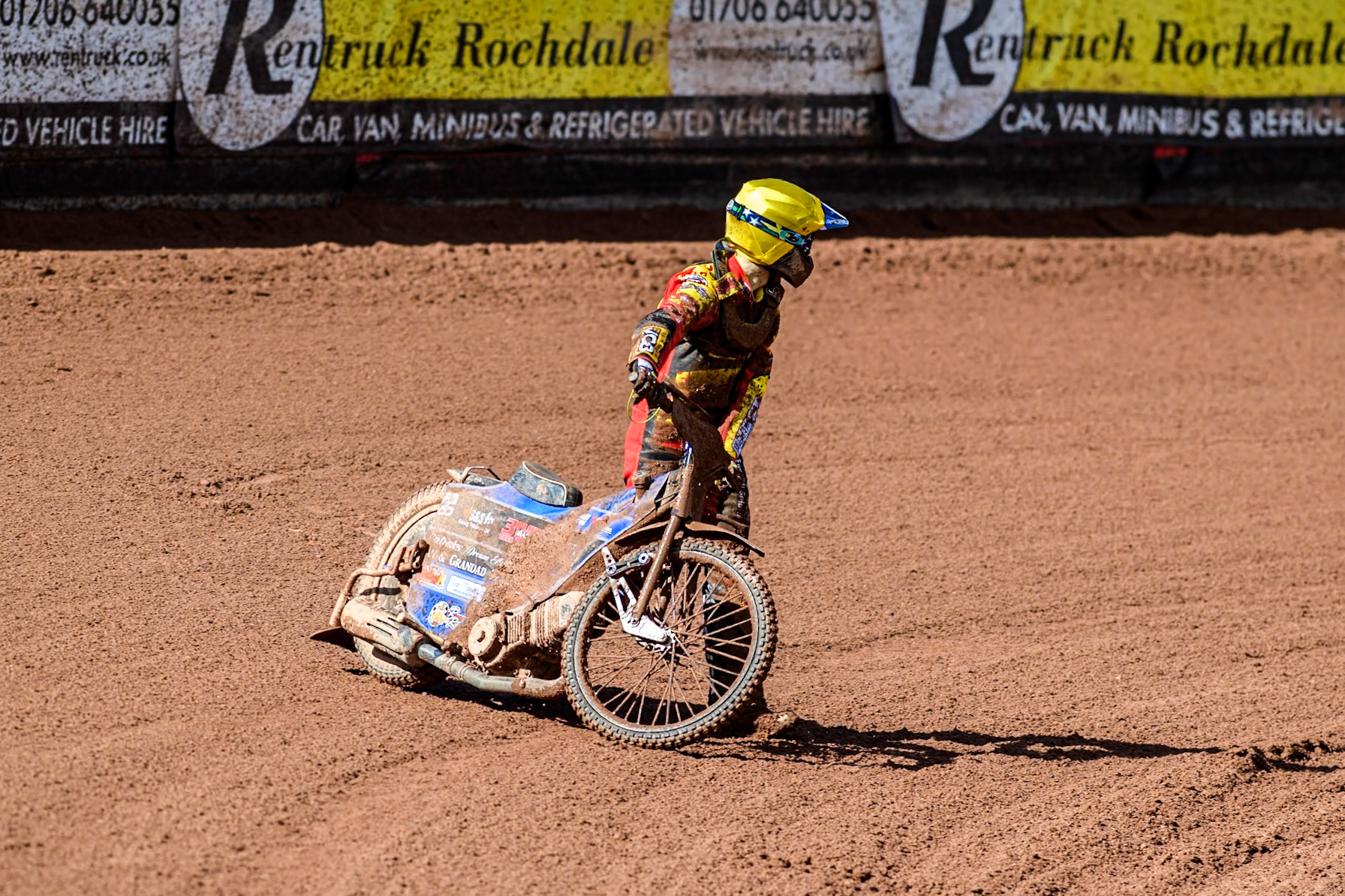 Leicester Lion Cubs' Sonny Springer  moves his bike off the track after his fall during the WSRA  National Development League match between Belle Vue Colts and Leicester Lion Cubs at the National Speedway Stadium, Manchester on Friday 29th March 2024. (Photo: Ian Charles | MI News)