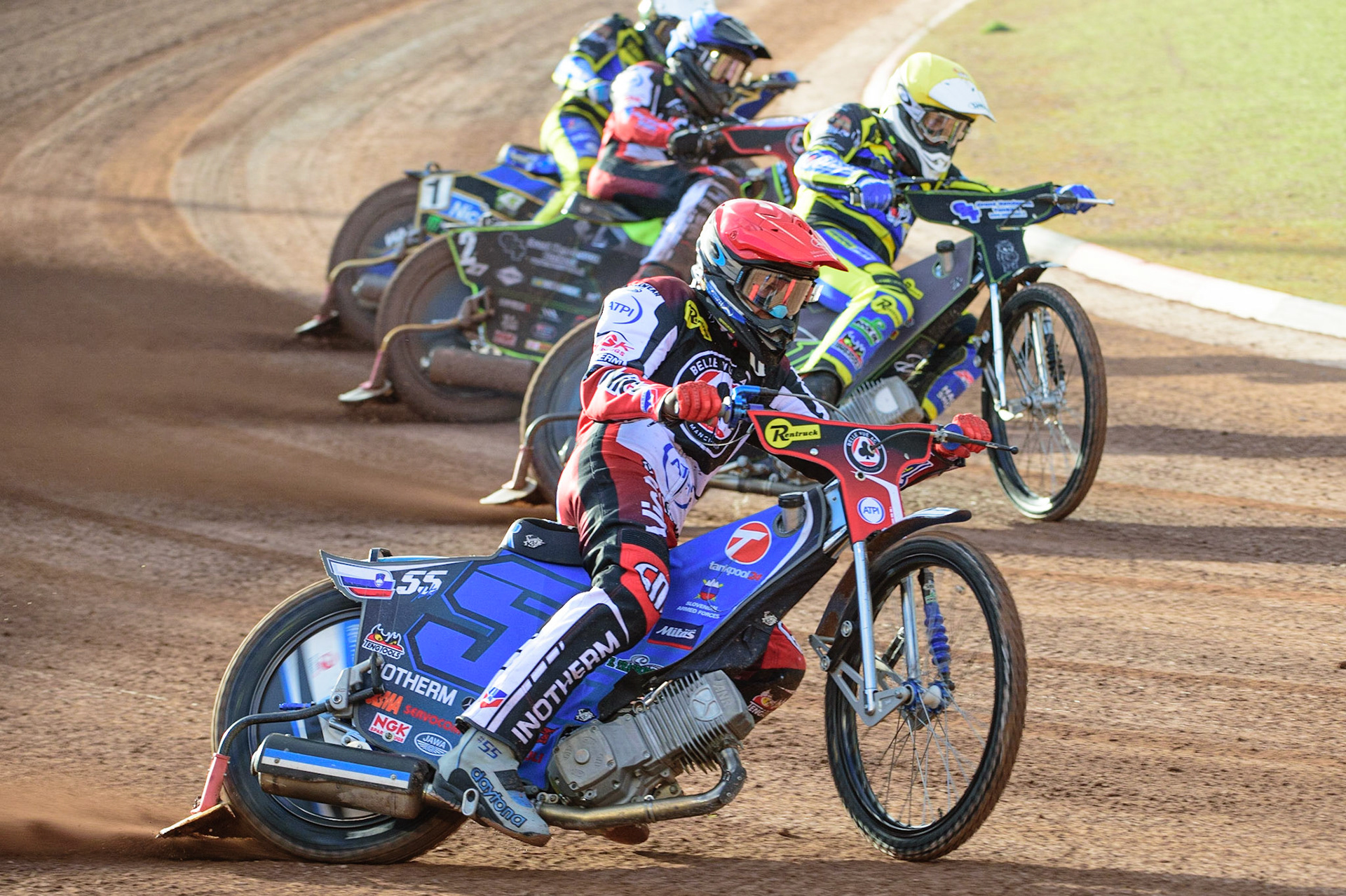 MANCHESTER, UK. JUL 5TH   Matej Zagar  (Red) outside Craig Cook  (Yellow) Tom Brennan  (Blue) and Jack Holder  (White) during the SGB Premiership match between Belle Vue Aces and Sheffield Tigers at the National Speedway Stadium, Manchester on Tuesday 5th July 2022. (Credit: Ian Charles | MI News)