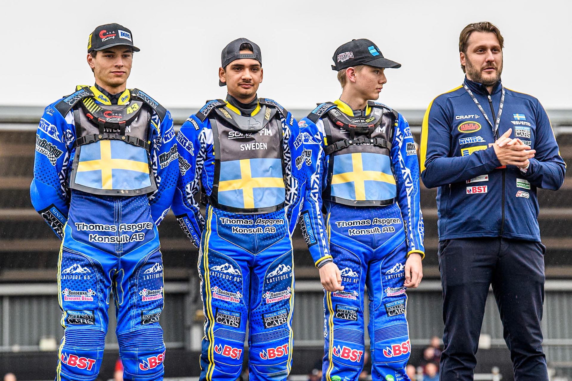 SWEDEN (L to R) Casper Henriksson, Philip Hellström-Bängs, Rasmus Karlsson and Swedish Team manager, Alexander Edberg during the Monster Energy FIM Speedway of Nations 2 (Under 21) Final at the National Speedway Stadium, Manchester on Friday 12th July 2024. (Photo: Ian Charles | MI News)