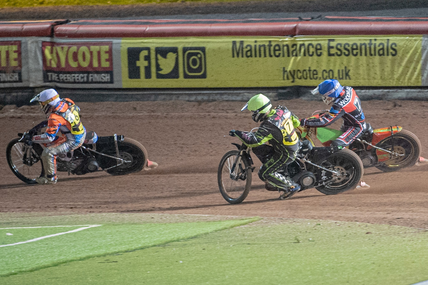 Photo: Ian Charles

Leicester Cubs  Josh Embleton  (White) leads Ryan Terry-Daley  (Yellow) and Ben Woodhull  (Blue)

Belle Vue Colts v Leicester Lion Cubs, SGB National League KO Cup Final (2nd Leg), Belle Vue National Speedway Stadium, Manchester, Tuesday 29  October  2019
