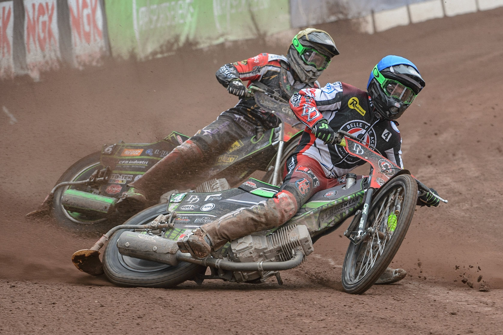MANCHESTER, UK. MAY 2ND  Charles Wright  (Blue) leads Benjamin Basso  (Yellow) during the SGB Premiership match between Belle Vue Aces and Peterborough at the National Speedway Stadium, Manchester on Monday 2nd May 2022. (Credit: Ian Charles | MI News)