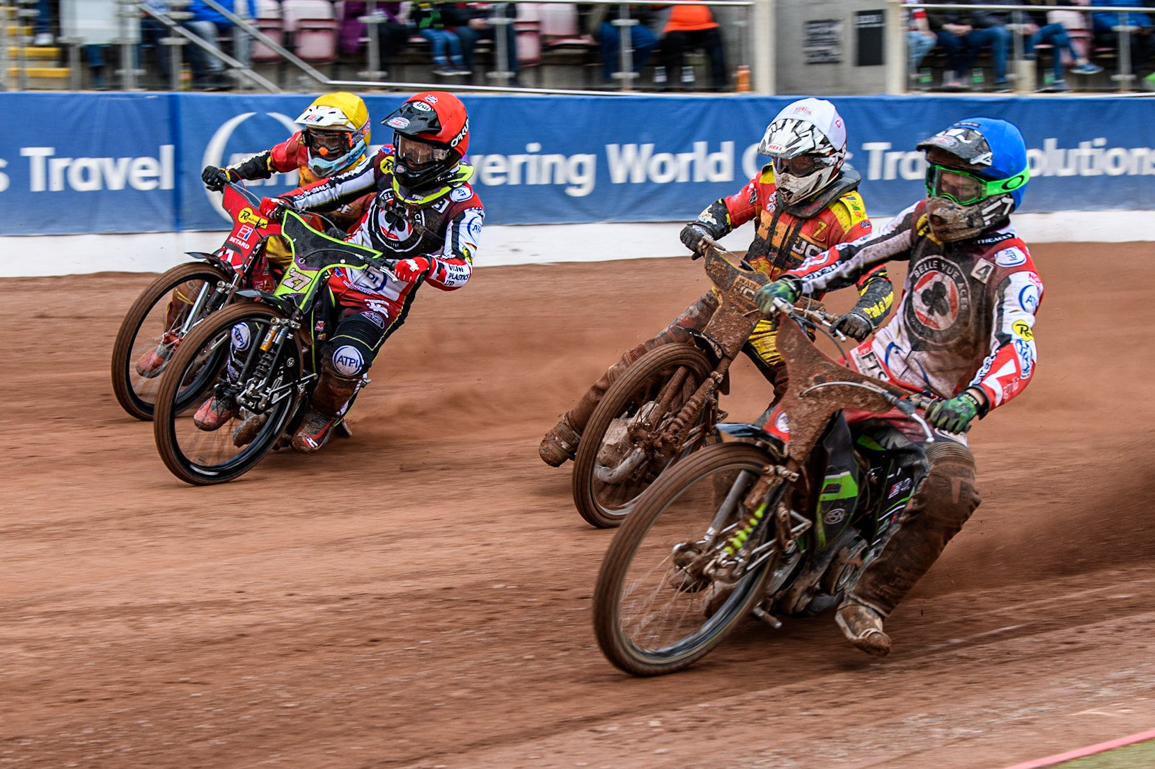 Charles Wright   (Blue) inside Dan Thompson  (White), Tom Brennan  (Red) and Max Fricke  (Yellow) during the SGB Premiership match between Belle Vue Aces and Leicester Lions at the National Speedway Stadium, Manchester on Monday 1st May 2023. (Photo: Ian Charles | MI News)