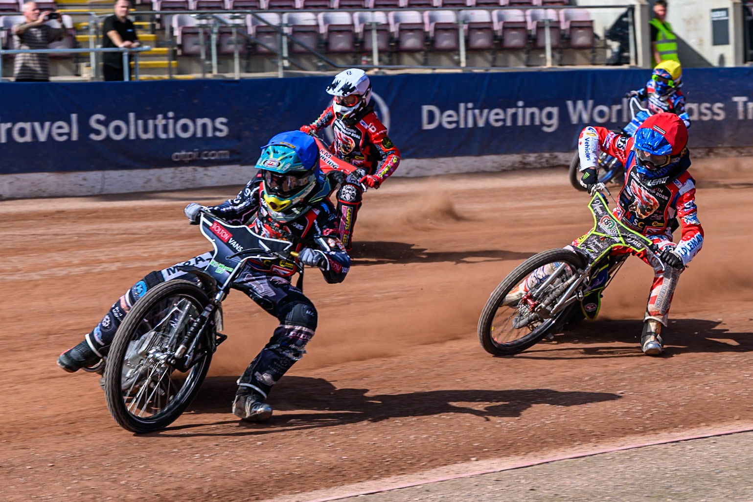 Seth Norman (6) in Blue leading Ollie Binns (91) in Red, Kayden Mundy (8) in White and Jayden Bailey (222) in Yellow during the British Youth Speedway Championship at the National Speedway Stadium, Manchester on Sunday 10th August 2025. (Photo: Ian Charles | MI News)