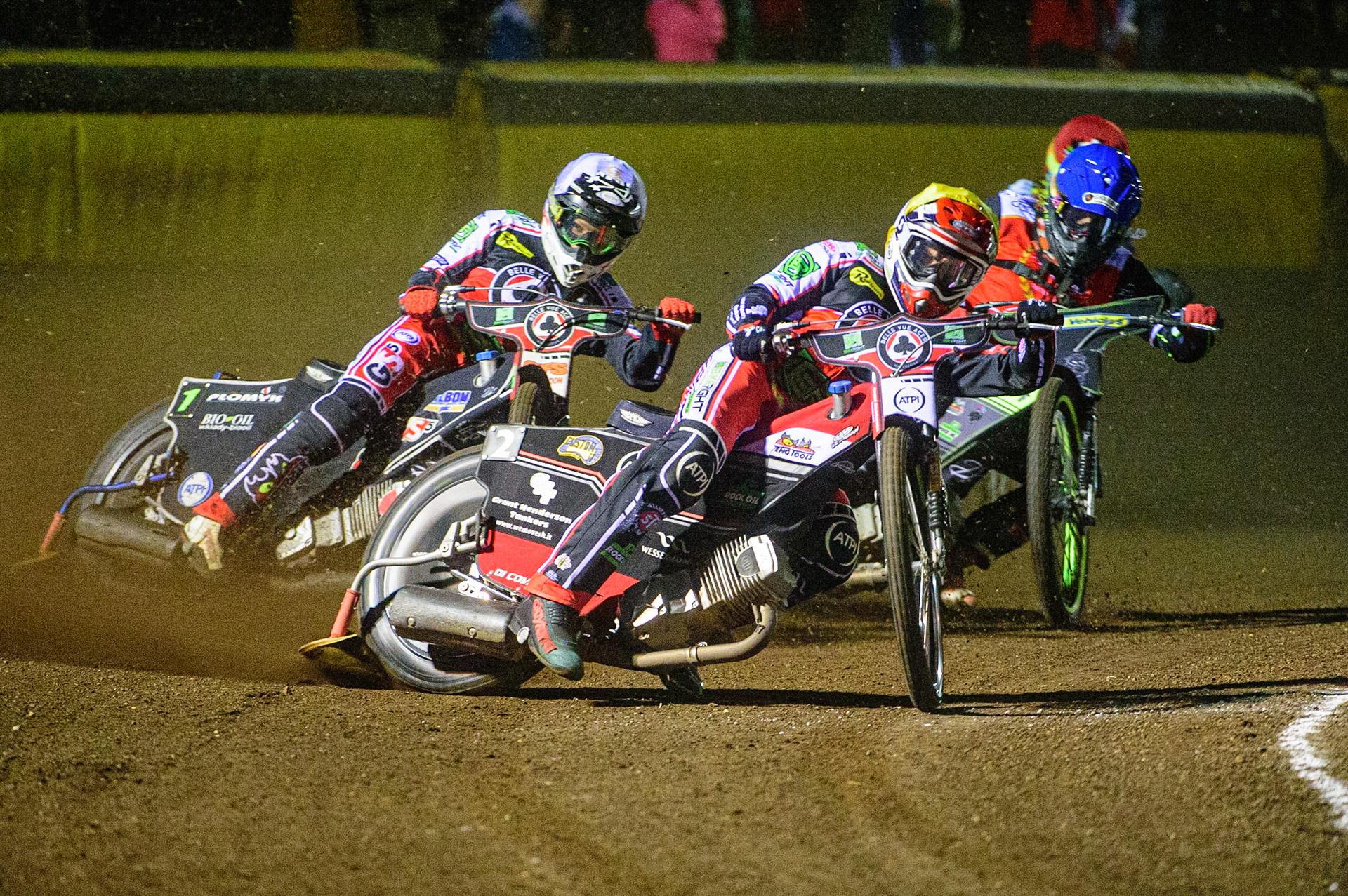PETERBOROUGH, UK. OCT 14TH Richie Worrall  (Yellow) leads Dan Bewley  (White) Craig Cook (Blue) and Michael Palm Toft  (Red) during the SGB Premiership Grand Final 2nd leg between Peterborough and Belle Vue Aces at East of England Showground, Peterborough on Thursday 14th October 2021. (Credit: Ian Charles | MI News)