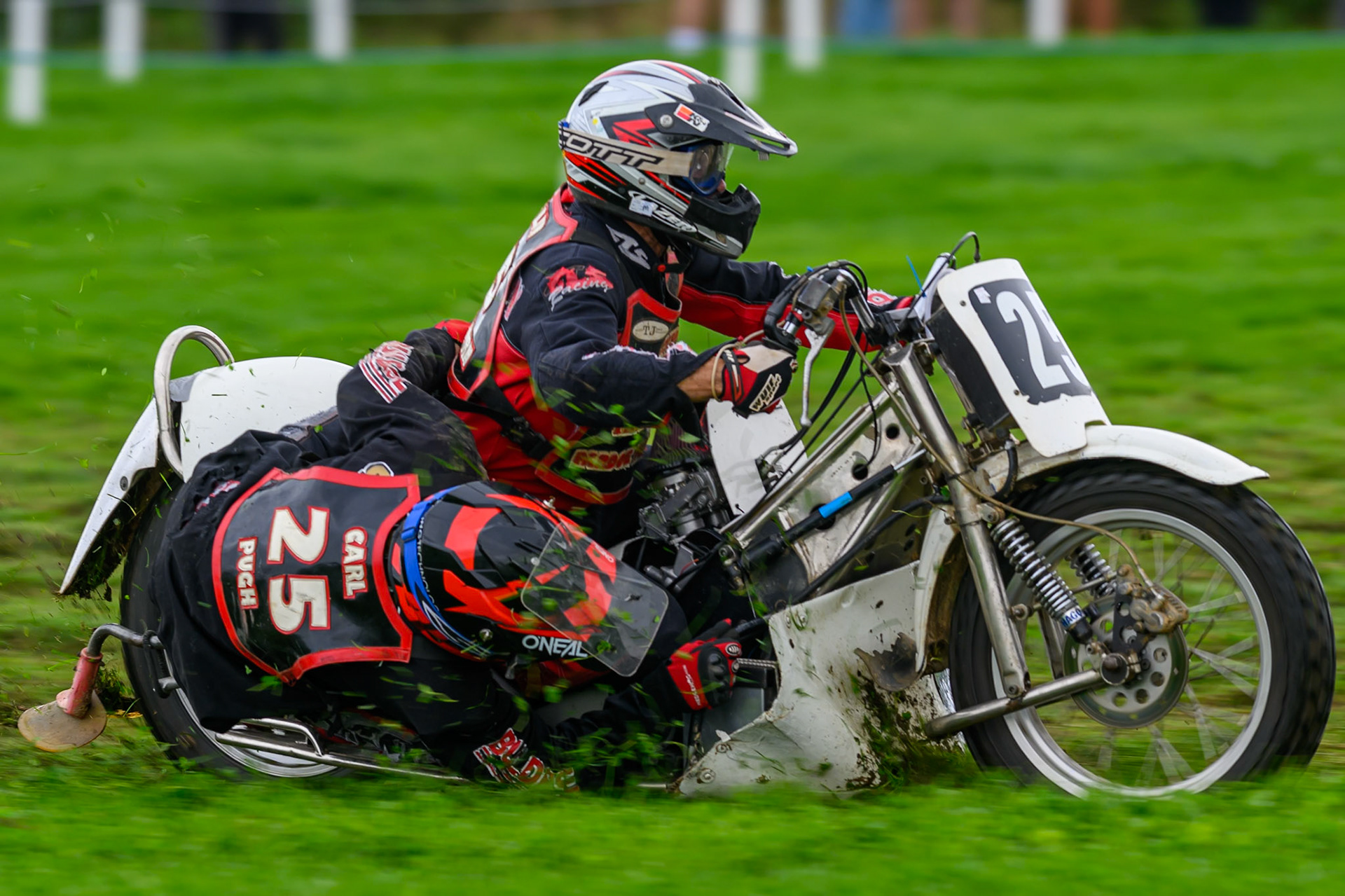 Colin Blackbourn/Carl Pugh (25) during practice for  the British Masters Grasstrack Championship at Lower Marsh Farm, Much Hoole, Preston in Lancashire, England on Sunday 13th September 2026. (Photo: Ian Charles | MI News)