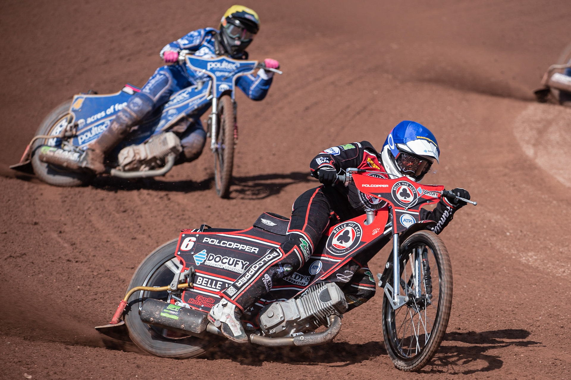 Photo: Ian Charles

Jaimon Lidsey (Blue) leads Thomas Jorgensen  (Yellow)

Belle Vue Aces v Kings Lynn Stars, British Speedway Premiership, Belle Vue National Speedway Stadium, Manchester, Monday 26  August  2019