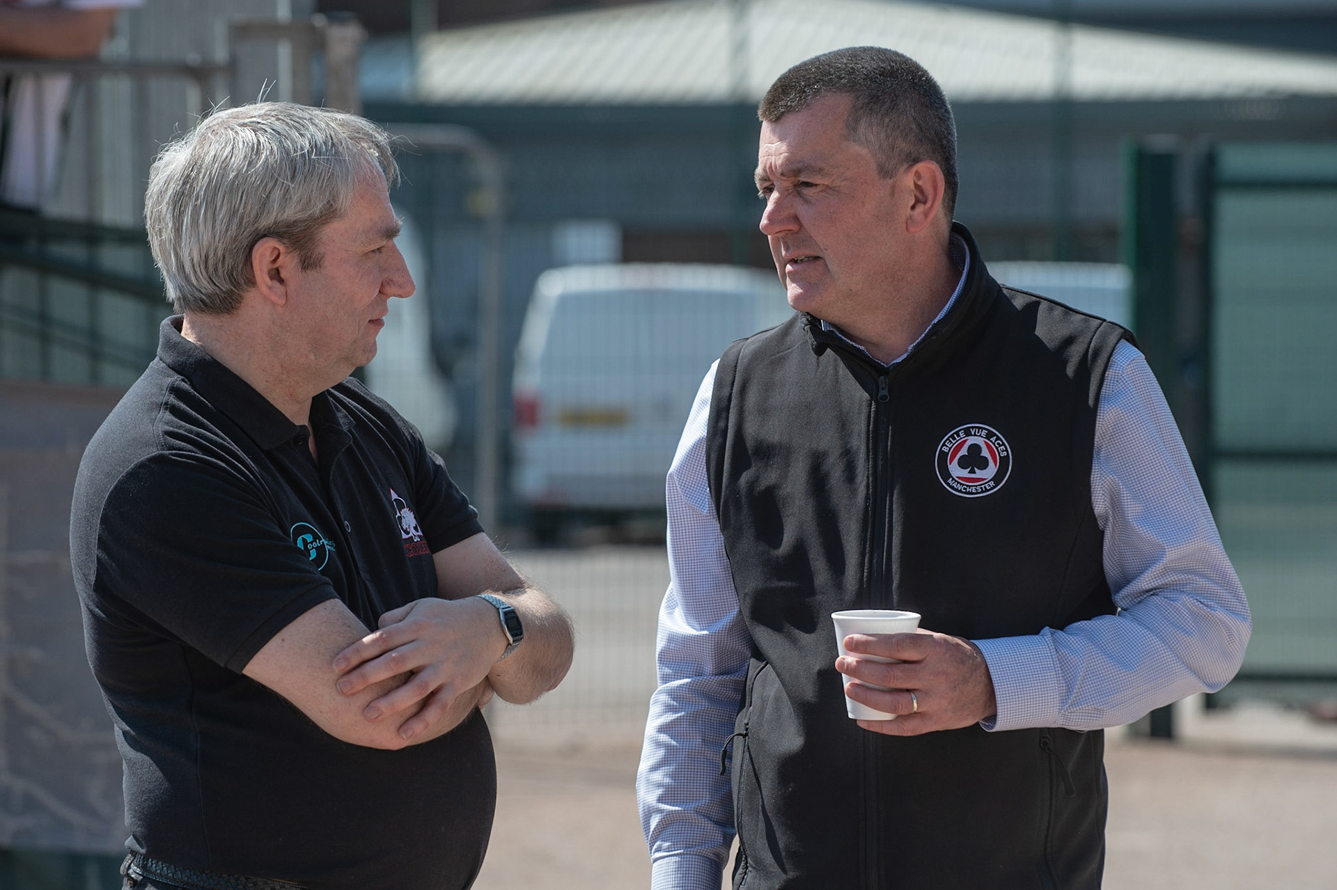 Photo: Ian Charles

“And when you are the CEO you can have a brew anytime you like!” Adrian Smith with Graham Goodwin (left)

Belle Vue Colts v Stoke Potters, National League, Belle Vue National Speedway Stadium, Manchester, Friday 19  April  2019