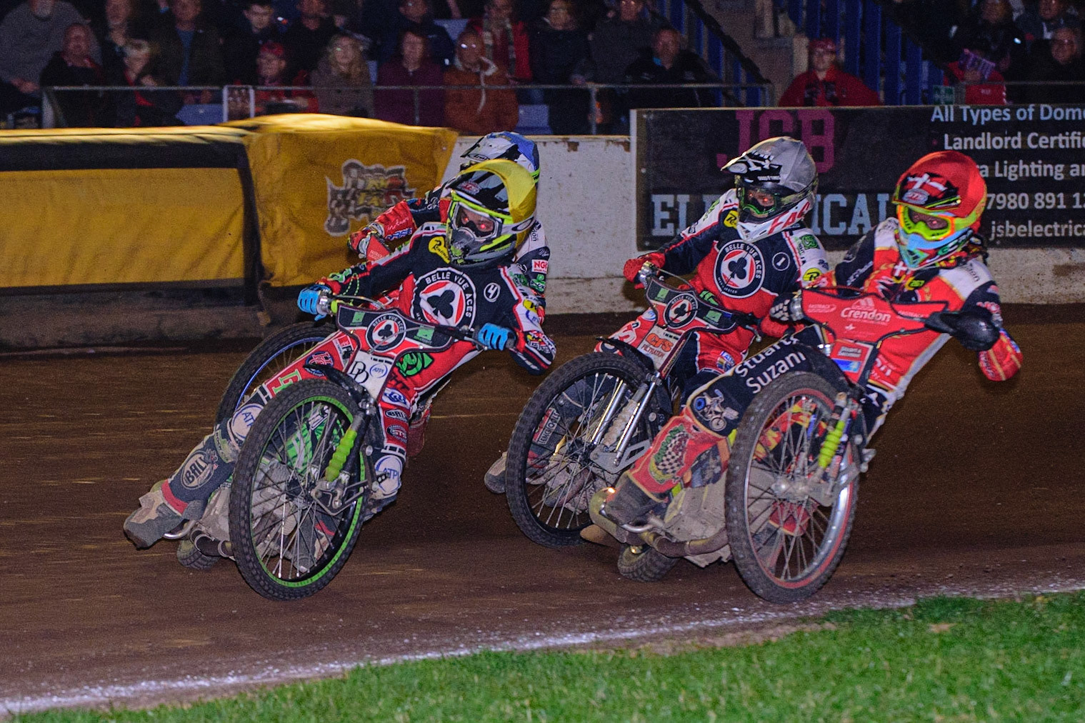 PETERBOROUGH, UK. OCT 14TH Charles Wright  (Yellow) leads Dan Bewley  (White), Michael Palm Toft  (Red) and Chris Harris  (Blue) during the SGB Premiership Grand Final 2nd leg between Peterborough and Belle Vue Aces at East of England Showground, Peterborough on Thursday 14th October 2021. (Credit: Ian Charles | MI News)