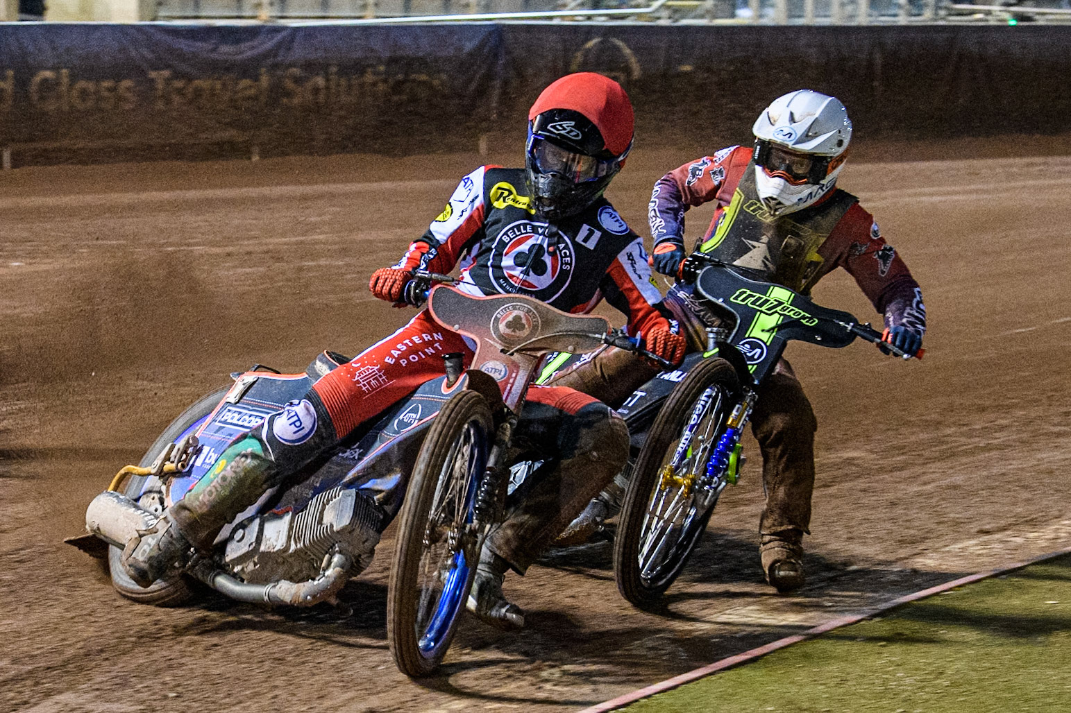 Belle Vue Aces' Brady Kurtz in Red leading Ipswich Witches' Emil Sayfutdinov in White during the Rowe Motor Oil Premiership match between Belle Vue Aces and Ipswich Witches at the National Speedway Stadium, Manchester on Monday 22nd April 2024. (Photo: Ian Charles | MI News)