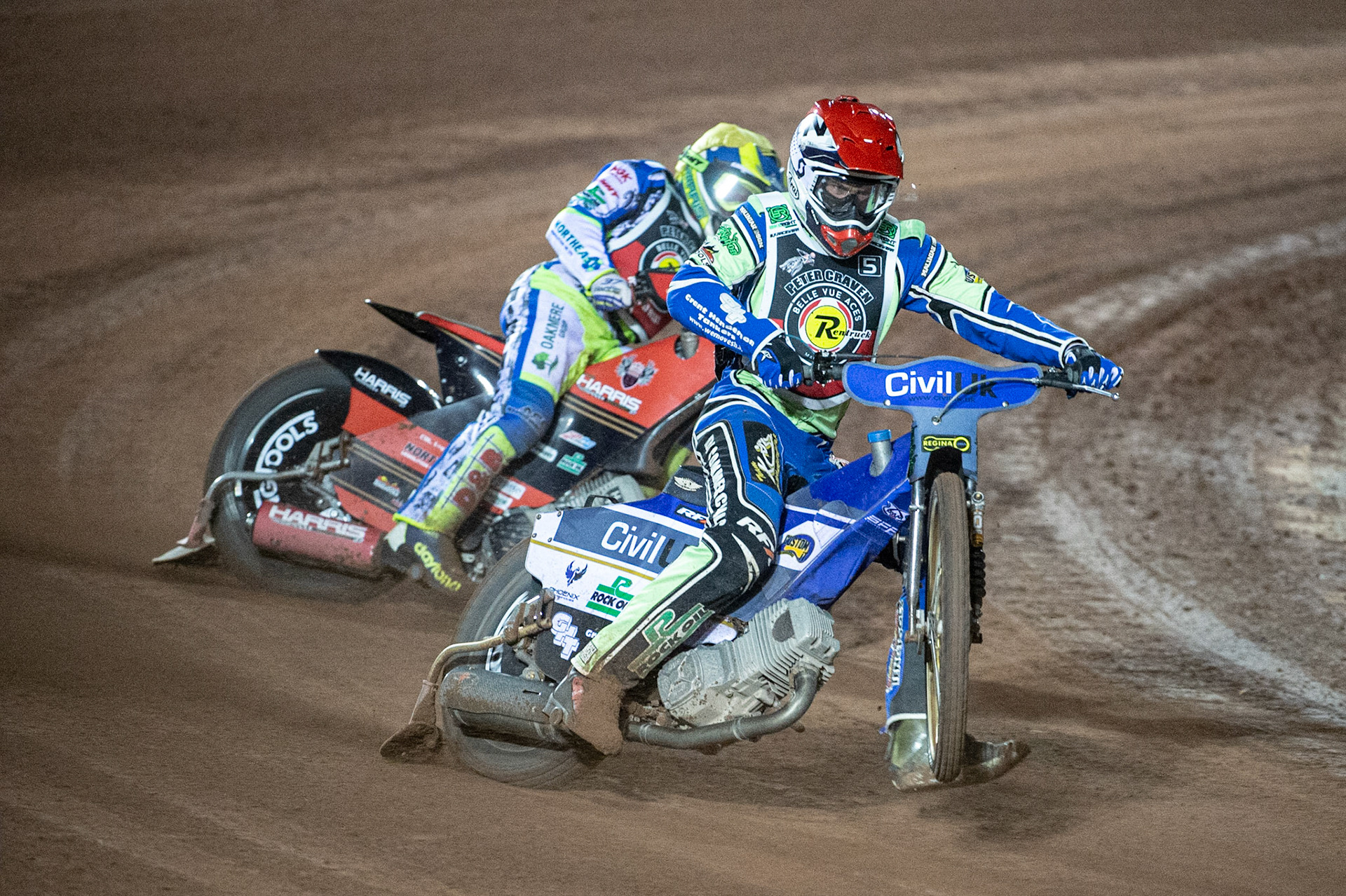 Photo: Ian CharlesRichie Worrall (Red) picks up some drive ahead of Chris Harris (Yellow)Peter Craven Memorial Trophy, National Speedway Stadium, Manchester Thursday  22  October  2020