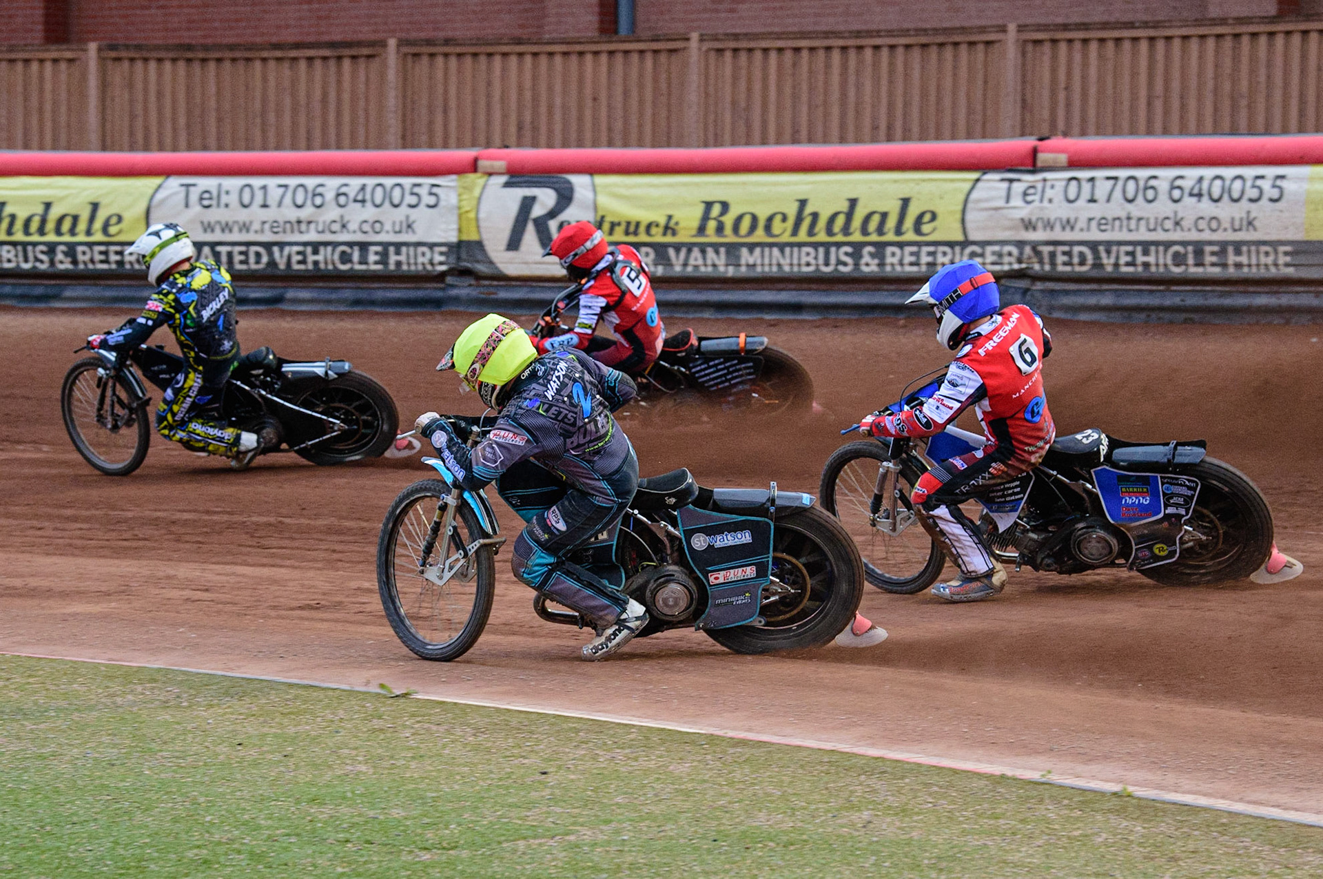 MANCHESTER, UK. JUN 24TH  Mason Watson  (Yellow) inside Archie Freeman  (Blue) Jack Smith  (Red) and Kyle Bickley  (White) during the National Development League match between Belle Vue Colts and Berwick Bullets at the National Speedway Stadium, Manchester on Friday 24th June 2022. (Credit: Ian Charles | MI News)