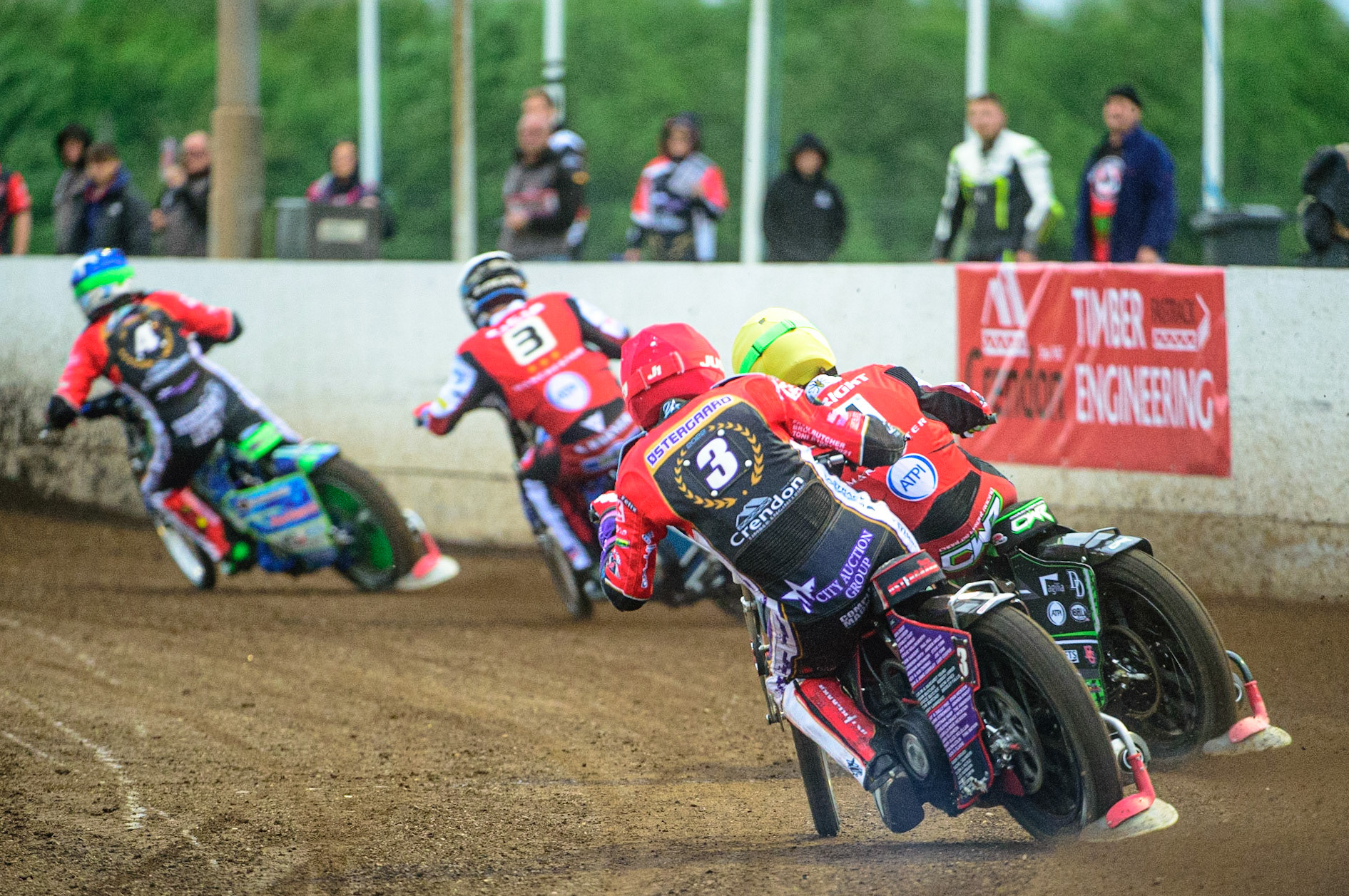 PETERBOROUGH, UK. MAY 9TH  3\ (Red)\ chases Charles Wright  (Yellow), Matej Žagar  (White) and Hans Andersen   (Blue)pp during the SGB Premiership match between Peterborough Panthers and Belle Vue Aces at East of England Showground, Peterborough on Monday 9th May 2022. (Credit: Ian Charles | MI News)