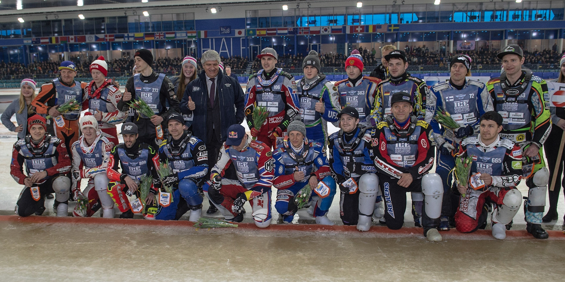 Photo: Ian Charles

FIM President Jorge Viegas with the riders at Heerenveen 

FIM Ice Speedway Gladiators World Championship, Event 5.1, Ice Rink Thialf, Heerenveen, Netherlands Saturday  30  March  2019