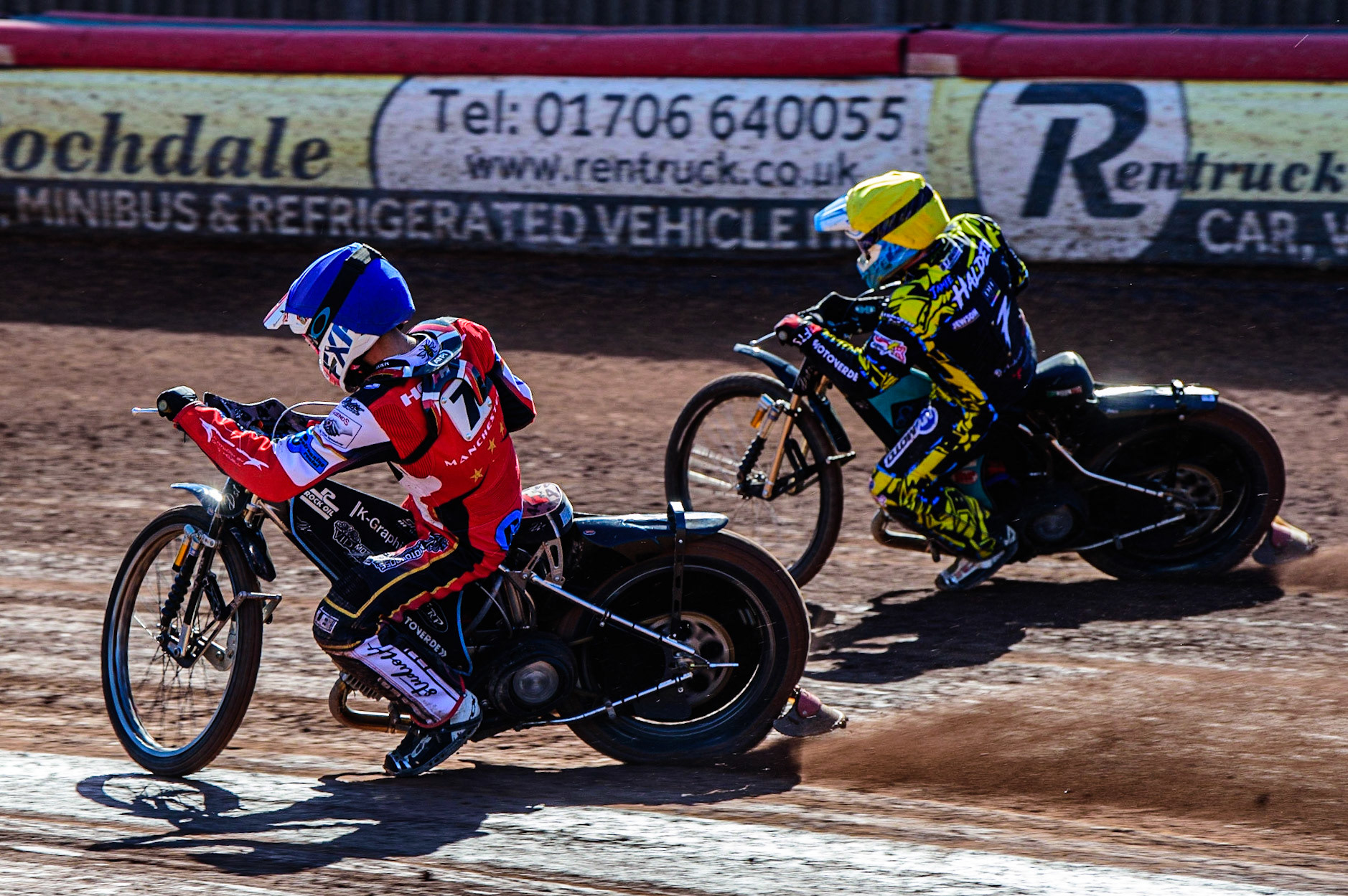 Freddy Hodder   (Blue) inside Jamie Halder  (Yellow) during the National Development League match between Belle Vue Colts and Berwick Bullets at the National Speedway Stadium, Manchester on Friday 7th April 2023. (Photo: Ian Charles | MI News)