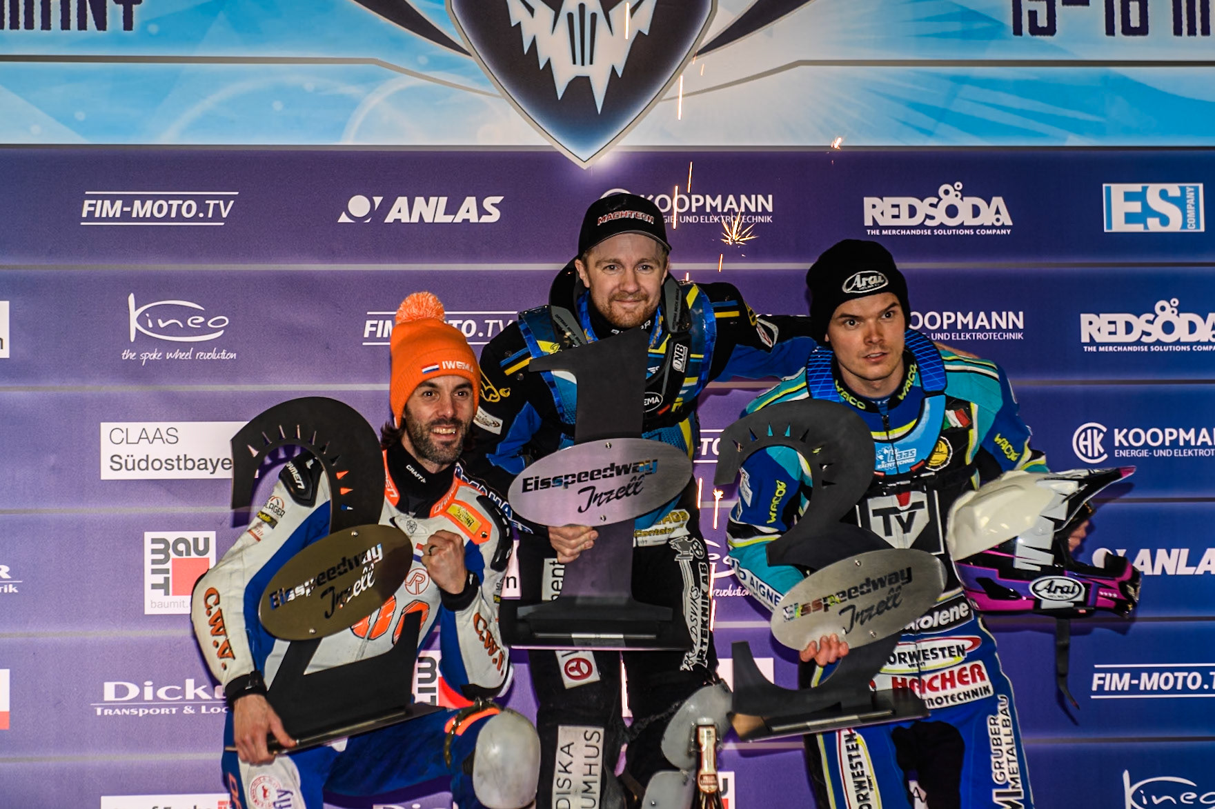 Sunday Top 3: (L to R) Jasper Iwema (2nd), Martin Haarahiltunen (1st), Luca Bauer (3rd) during the Ice Speedway Gladiators World Championship Final 2 at Max-Aicher-Arena, Inzell on Sunday 16th March 2025. (Photo: Ian Charles | MI News)
