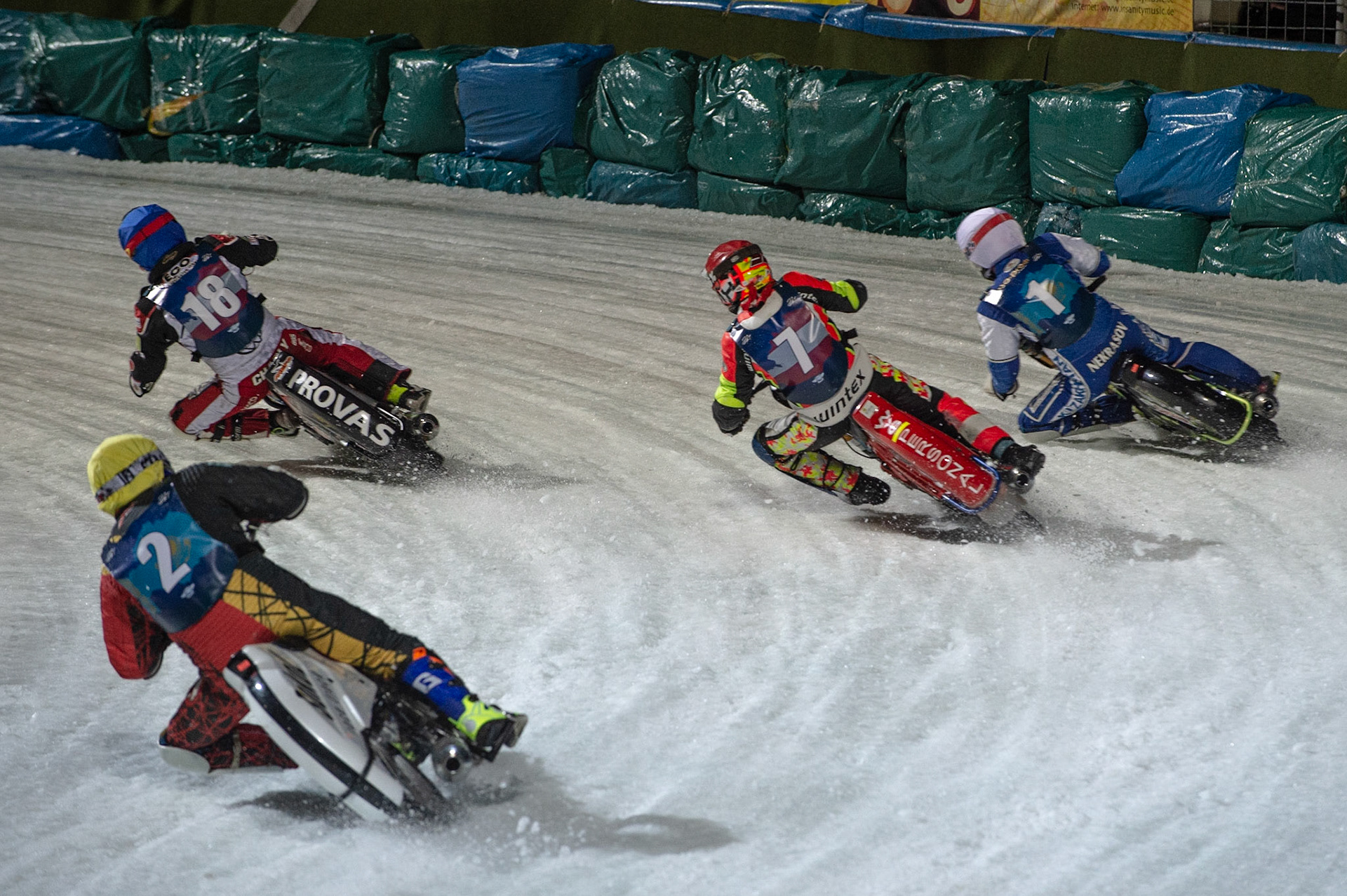 BERLIN GERMANY  - February 29 Charly Ebner (Blue) leads Harald Simon (Red) Pavel Nekrasov (White) and Vladimir Cheblokov (Yellow)   during theIce Speedway of Nations (Day 1) at the Horst-Dohm-Eisstadion, Berlin,  on Saturday 29 February 2020. (Credit: Ian Charles | MI News)