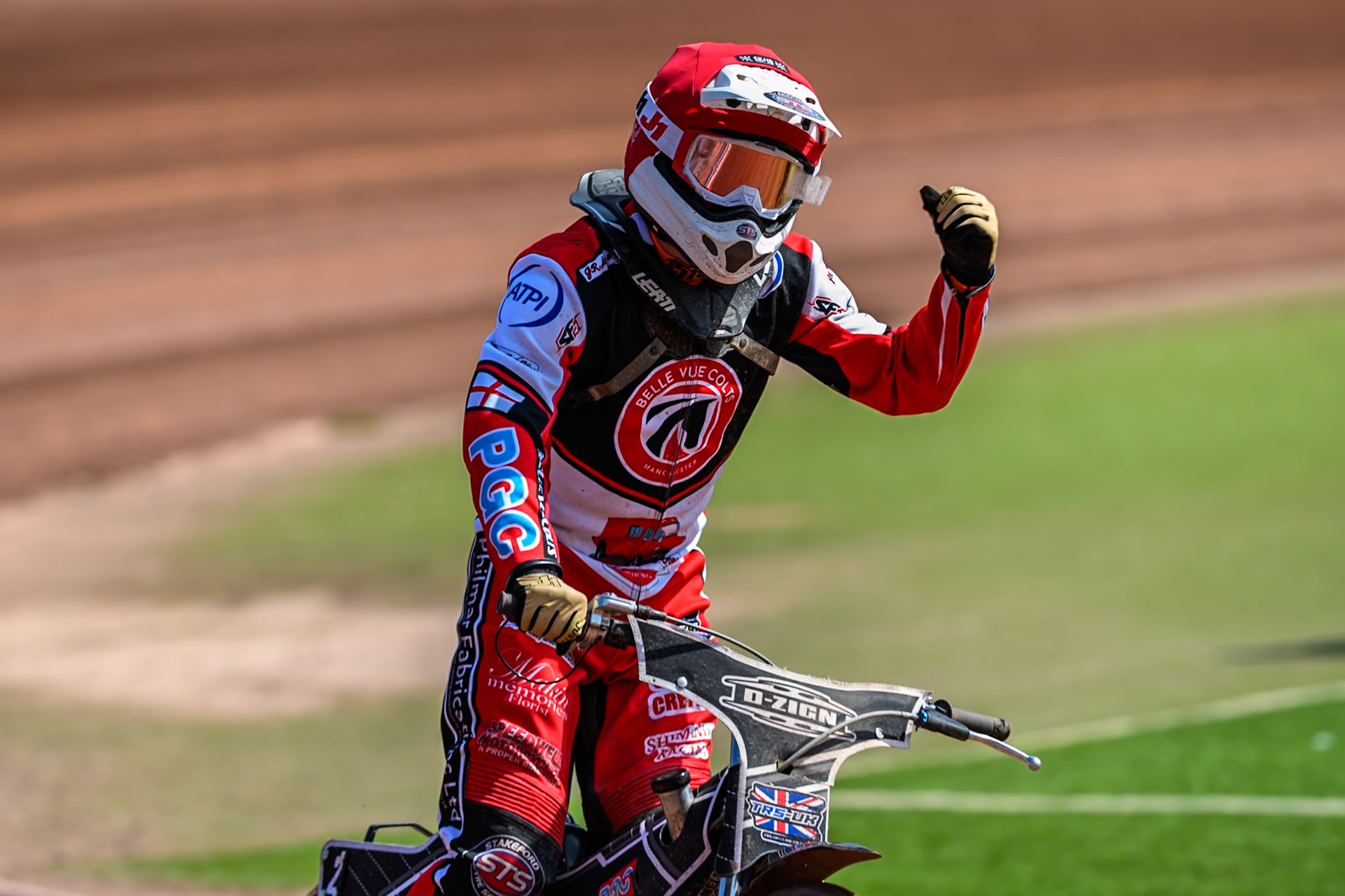 Jack Shimelt of Belle Vue Colts   celebrates his heat win during the WSRA National Development League match between Belle Vue Colts and Middlesbrough Tigers at the National Speedway Stadium, Manchester on Sunday 10th August 2025. (Photo: Mark Fletcher | MI News)