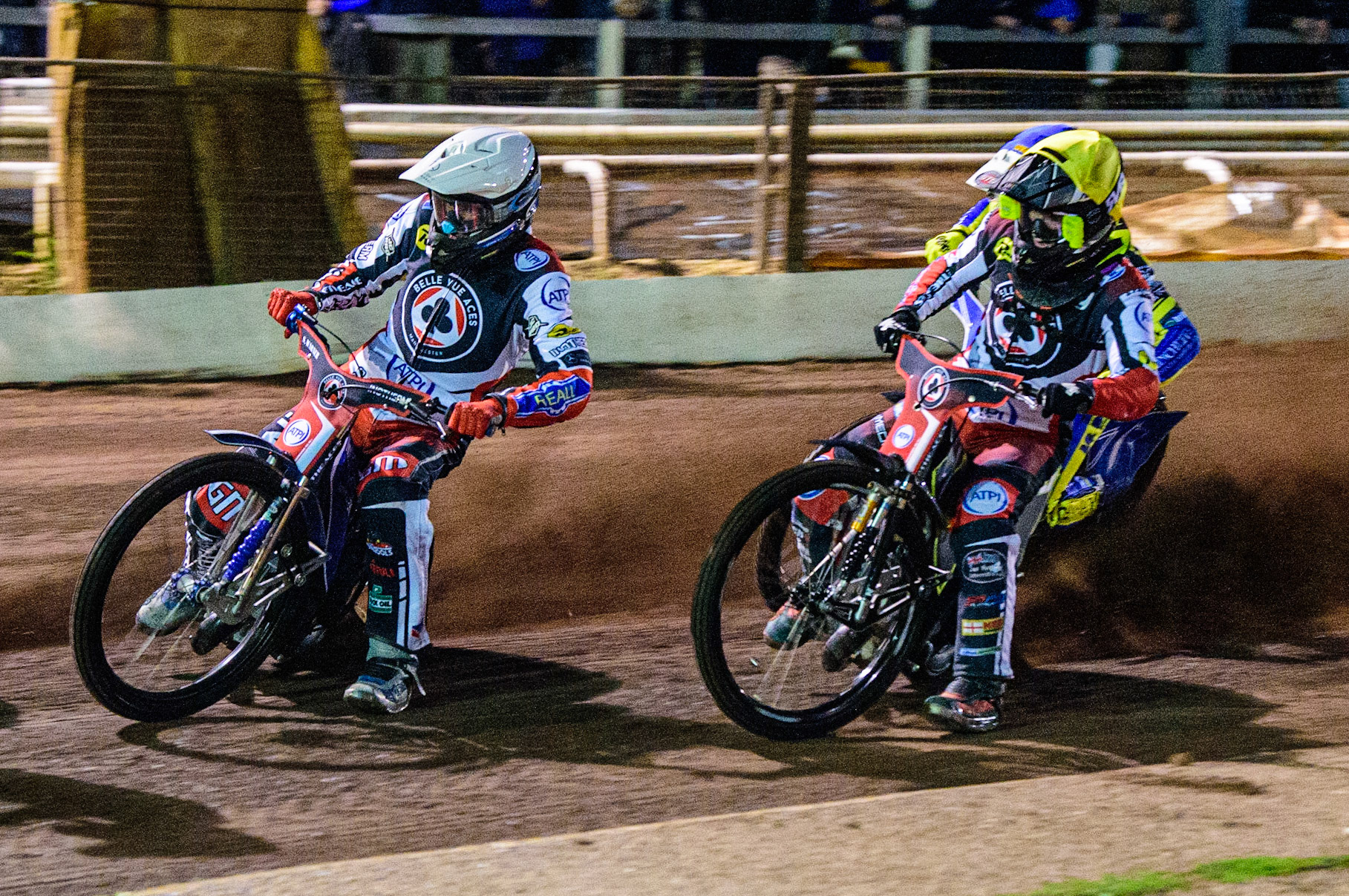 Matej Zagar (White) and Tom Brennan  (Yellow) lead Lewis Kerr  (Blue)during the SGB Premiership match between Sheffield Tigers and Belle Vue Aces at Owlerton Stadium, Sheffield on Thursday 22nd September 2022. (Credit: Ian Charles | MI News)