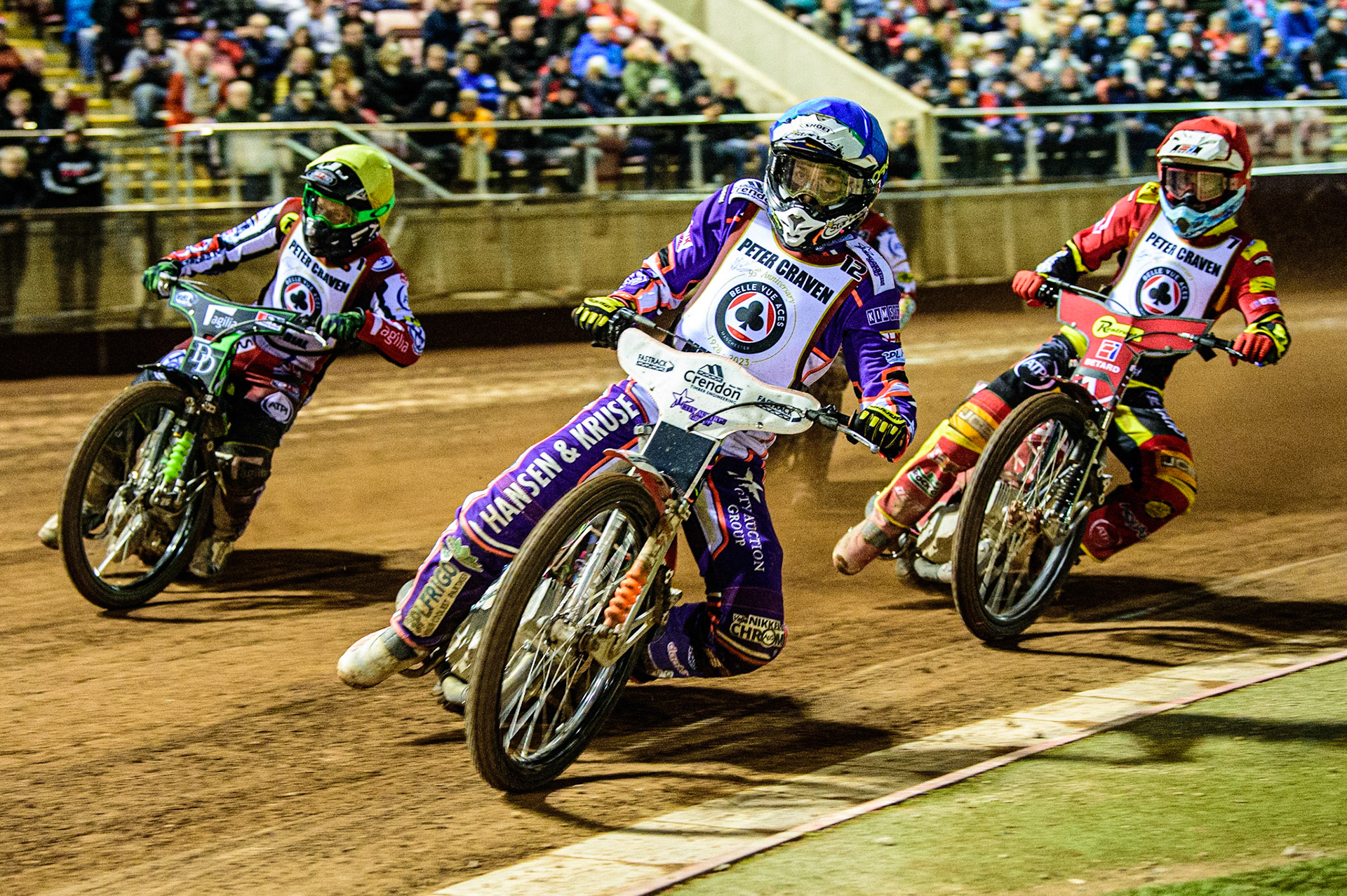 Niels-Kristian Iversen  (Blue) leads Max Fricke  (Red), Charles Wright  (Yellow) and Jaimon Lidsey  (White) during the Peter Craven Memorial Trophy  at the National Speedway Stadium, Manchester on Monday 3rd April 2023. (Photo: Ian Charles | MI News)