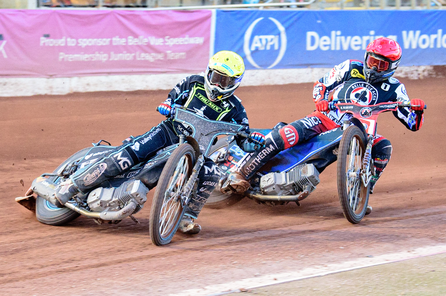 Rohan Tungate (Yellow) leads Matej Zagar  (Red) during the SGB Premiership match between Belle Vue Aces and Ipswich Witches at the National Speedway Stadium, Manchester on Monday 8th August 2022. (Credit: Ian Charles | MI News)