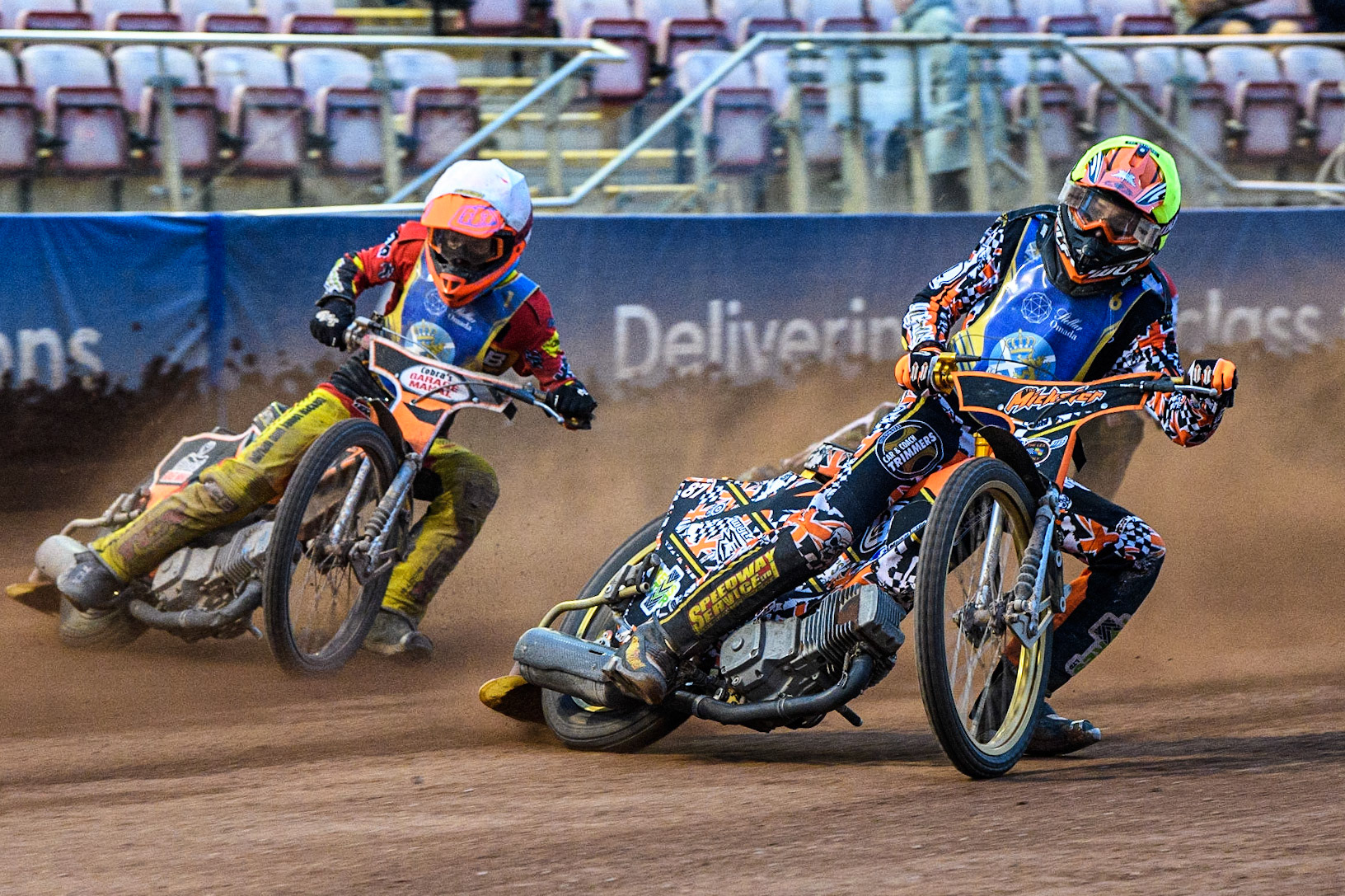 Mickie Simpson (Yellow) inside Connor Coles (White) during the National Development League match between Belle Vue Colts and Edinburgh Monarchs Academy at the National Speedway Stadium, Manchester on Friday 21st July 2023. (Photo: Ian Charles | MI News)