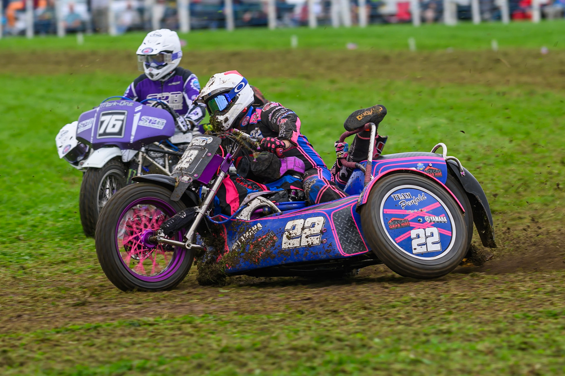 Will Penfold/Ricky Pay (22) leading Simon Beaney/Brook Fowler (76) during practice for  the British Masters Grasstrack Championship at Lower Marsh Farm, Much Hoole, Preston in Lancashire, England on Sunday 13th September 2026. (Photo: Ian Charles | MI News)